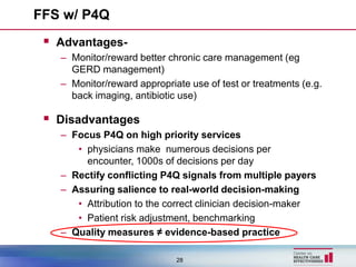 FFS w/ P4Q
  Advantages-
   – Monitor/reward better chronic care management (eg
     GERD management)
   – Monitor/reward appropriate use of test or treatments (e.g.
     back imaging, antibiotic use)

  Disadvantages
   – Focus P4Q on high priority services
      • physicians make numerous decisions per
        encounter, 1000s of decisions per day
   – Rectify conflicting P4Q signals from multiple payers
   – Assuring salience to real-world decision-making
      • Attribution to the correct clinician decision-maker
      • Patient risk adjustment, benchmarking
   – Quality measures ≠ evidence-based practice

                             28
 