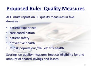Proposed Rule:  Quality MeasuresACO must report on 65 quality measures in five domains:patient experiencecare coordinationpatient safetypreventive healthat-risk populations/frail elderly health Scoring  on quality measures impacts eligibility for and amount of shared savings and losses.14