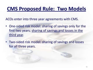 CMS Proposed Rule:  Two ModelsACOs enter into three year agreements with CMS.One-sided risk model: sharing of savings only for the first two years; sharing of savings and losses in the third year. Two-sided risk model: sharing of savings and losses for all three years.16