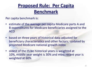 Proposed Rule:  Per Capita BenchmarkPer capita benchmark is:estimate of the average per capita Medicare parts A and B expenditures for Medicare beneficiaries assigned to the ACObased on three years of historical data adjusted for beneficiary characteristics and other factors; updated by projected Medicare national growth indexoldest of the three historical years is weighted at 10%, middle year weight is 30% and most recent year is weighted at 60%20