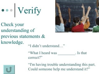 Verify Check your understanding of previous statements & knowledge. “ I didn’t understand…”  “ What I heard was _________. Is that correct?” “ I'm having trouble understanding this part. Could someone help me understand it?”  