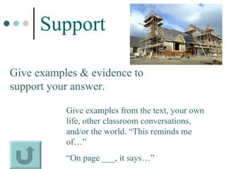 Support Give examples & evidence to support your answer.  Give examples from the text, your own life, other classroom conversations, and/or the world. “This reminds me of…” “ On page ___, it says…” 