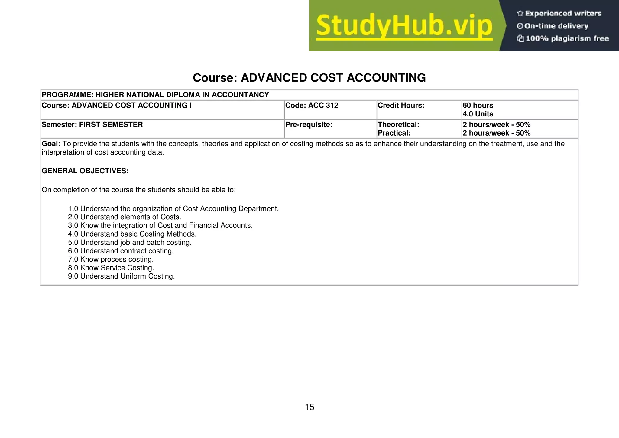 15
Course: ADVANCED COST ACCOUNTING
PROGRAMME: HIGHER NATIONAL DIPLOMA IN ACCOUNTANCY
Course: ADVANCED COST ACCOUNTING I Code: ACC 312 Credit Hours: 60 hours
4.0 Units
Semester: FIRST SEMESTER Pre-requisite: Theoretical:
Practical:
2 hours/week - 50%
2 hours/week - 50%
Goal: To provide the students with the concepts, theories and application of costing methods so as to enhance their understanding on the treatment, use and the
interpretation of cost accounting data.
GENERAL OBJECTIVES:
On completion of the course the students should be able to:
1.0 Understand the organization of Cost Accounting Department.
2.0 Understand elements of Costs.
3.0 Know the integration of Cost and Financial Accounts.
4.0 Understand basic Costing Methods.
5.0 Understand job and batch costing.
6.0 Understand contract costing.
7.0 Know process costing.
8.0 Know Service Costing.
9.0 Understand Uniform Costing.
 