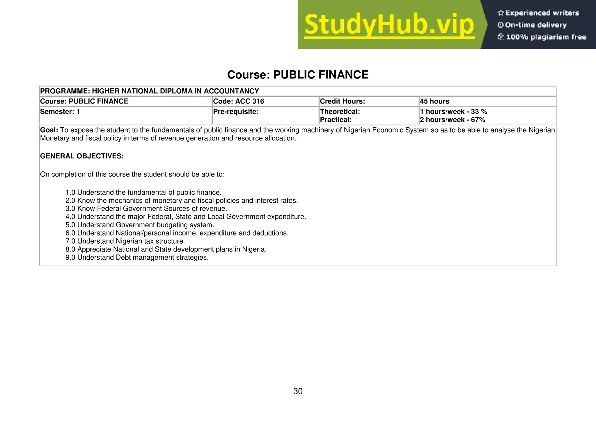 30
Course: PUBLIC FINANCE
PROGRAMME: HIGHER NATIONAL DIPLOMA IN ACCOUNTANCY
Course: PUBLIC FINANCE Code: ACC 316 Credit Hours: 45 hours
Semester: 1 Pre-requisite: Theoretical:
Practical:
1 hours/week - 33 %
2 hours/week - 67%
Goal: To expose the student to the fundamentals of public finance and the working machinery of Nigerian Economic System so as to be able to analyse the Nigerian
Monetary and fiscal policy in terms of revenue generation and resource allocation.
GENERAL OBJECTIVES:
On completion of this course the student should be able to:
1.0 Understand the fundamental of public finance.
2.0 Know the mechanics of monetary and fiscal policies and interest rates.
3.0 Know Federal Government Sources of revenue.
4.0 Understand the major Federal, State and Local Government expenditure.
5.0 Understand Government budgeting system.
6.0 Understand National/personal income, expenditure and deductions.
7.0 Understand Nigerian tax structure.
8.0 Appreciate National and State development plans in Nigeria.
9.0 Understand Debt management strategies.
 