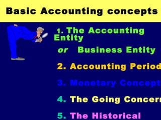 Basic Accounting concepts
1. The Accounting
Entity
or Business Entity
2. Accounting Period
3. Monetary Concept
4. The Going Concern
5. The Historical
 