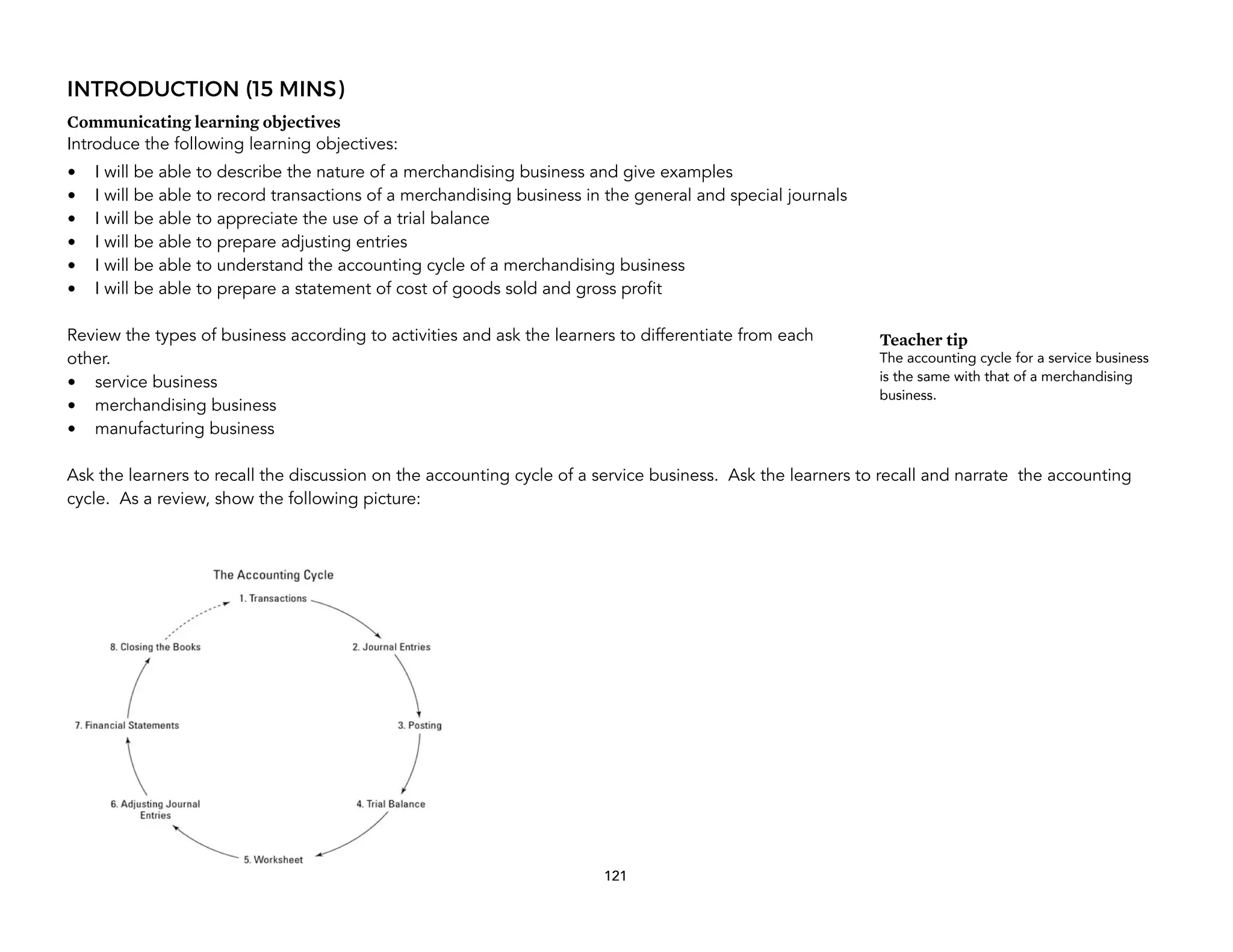 INTRODUCTION (15 MINS)
Communicating learning objectives
Introduce the following learning objectives:
• I will be able to describe the nature of a merchandising business and give examples
• I will be able to record transactions of a merchandising business in the general and special journals
• I will be able to appreciate the use of a trial balance
• I will be able to prepare adjusting entries
• I will be able to understand the accounting cycle of a merchandising business
• I will be able to prepare a statement of cost of goods sold and gross profit
Review the types of business according to activities and ask the learners to differentiate from each
other.
• service business
• merchandising business
• manufacturing business
Ask the learners to recall the discussion on the accounting cycle of a service business. Ask the learners to recall and narrate the accounting
cycle. As a review, show the following picture:
121
Teacher tip
The accounting cycle for a service business
is the same with that of a merchandising
business.
 