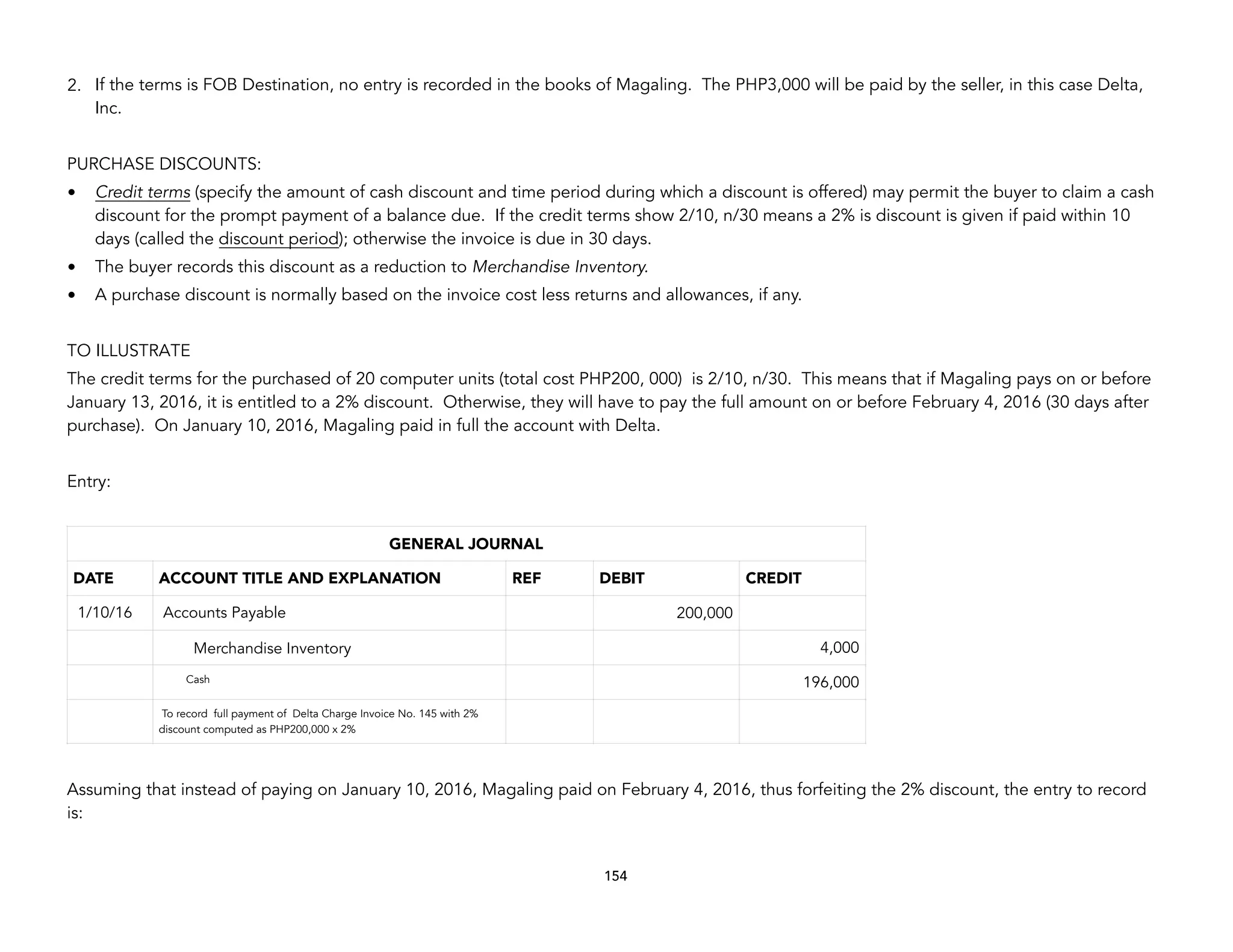 2. If the terms is FOB Destination, no entry is recorded in the books of Magaling. The PHP3,000 will be paid by the seller, in this case Delta,
Inc.
PURCHASE DISCOUNTS:
• Credit terms (specify the amount of cash discount and time period during which a discount is offered) may permit the buyer to claim a cash
discount for the prompt payment of a balance due. If the credit terms show 2/10, n/30 means a 2% is discount is given if paid within 10
days (called the discount period); otherwise the invoice is due in 30 days.
• The buyer records this discount as a reduction to Merchandise Inventory.
• A purchase discount is normally based on the invoice cost less returns and allowances, if any.
TO ILLUSTRATE
The credit terms for the purchased of 20 computer units (total cost PHP200, 000) is 2/10, n/30. This means that if Magaling pays on or before
January 13, 2016, it is entitled to a 2% discount. Otherwise, they will have to pay the full amount on or before February 4, 2016 (30 days after
purchase). On January 10, 2016, Magaling paid in full the account with Delta.
Entry:
Assuming that instead of paying on January 10, 2016, Magaling paid on February 4, 2016, thus forfeiting the 2% discount, the entry to record
is:
154
GENERAL JOURNAL
DATE ACCOUNT TITLE AND EXPLANATION REF DEBIT CREDIT
1/10/16 Accounts Payable 200,000
Merchandise Inventory 4,000
Cash 196,000
To record full payment of Delta Charge Invoice No. 145 with 2%
discount computed as PHP200,000 x 2%
 