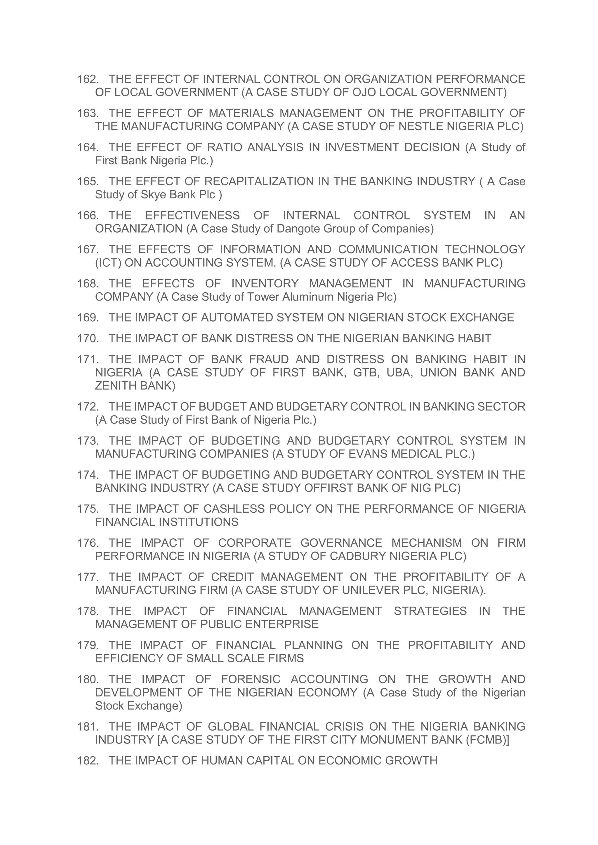 162. THE EFFECT OF INTERNAL CONTROL ON ORGANIZATION PERFORMANCE
OF LOCAL GOVERNMENT (A CASE STUDY OF OJO LOCAL GOVERNMENT)
163. THE EFFECT OF MATERIALS MANAGEMENT ON THE PROFITABILITY OF
THE MANUFACTURING COMPANY (A CASE STUDY OF NESTLE NIGERIA PLC)
164. THE EFFECT OF RATIO ANALYSIS IN INVESTMENT DECISION (A Study of
First Bank Nigeria Plc.)
165. THE EFFECT OF RECAPITALIZATION IN THE BANKING INDUSTRY ( A Case
Study of Skye Bank Plc )
166. THE EFFECTIVENESS OF INTERNAL CONTROL SYSTEM IN AN
ORGANIZATION (A Case Study of Dangote Group of Companies)
167. THE EFFECTS OF INFORMATION AND COMMUNICATION TECHNOLOGY
(ICT) ON ACCOUNTING SYSTEM. (A CASE STUDY OF ACCESS BANK PLC)
168. THE EFFECTS OF INVENTORY MANAGEMENT IN MANUFACTURING
COMPANY (A Case Study of Tower Aluminum Nigeria Plc)
169. THE IMPACT OF AUTOMATED SYSTEM ON NIGERIAN STOCK EXCHANGE
170. THE IMPACT OF BANK DISTRESS ON THE NIGERIAN BANKING HABIT
171. THE IMPACT OF BANK FRAUD AND DISTRESS ON BANKING HABIT IN
NIGERIA (A CASE STUDY OF FIRST BANK, GTB, UBA, UNION BANK AND
ZENITH BANK)
172. THE IMPACT OF BUDGET AND BUDGETARY CONTROL IN BANKING SECTOR
(A Case Study of First Bank of Nigeria Plc.)
173. THE IMPACT OF BUDGETING AND BUDGETARY CONTROL SYSTEM IN
MANUFACTURING COMPANIES (A STUDY OF EVANS MEDICAL PLC.)
174. THE IMPACT OF BUDGETING AND BUDGETARY CONTROL SYSTEM IN THE
BANKING INDUSTRY (A CASE STUDY OFFIRST BANK OF NIG PLC)
175. THE IMPACT OF CASHLESS POLICY ON THE PERFORMANCE OF NIGERIA
FINANCIAL INSTITUTIONS
176. THE IMPACT OF CORPORATE GOVERNANCE MECHANISM ON FIRM
PERFORMANCE IN NIGERIA (A STUDY OF CADBURY NIGERIA PLC)
177. THE IMPACT OF CREDIT MANAGEMENT ON THE PROFITABILITY OF A
MANUFACTURING FIRM (A CASE STUDY OF UNILEVER PLC, NIGERIA).
178. THE IMPACT OF FINANCIAL MANAGEMENT STRATEGIES IN THE
MANAGEMENT OF PUBLIC ENTERPRISE
179. THE IMPACT OF FINANCIAL PLANNING ON THE PROFITABILITY AND
EFFICIENCY OF SMALL SCALE FIRMS
180. THE IMPACT OF FORENSIC ACCOUNTING ON THE GROWTH AND
DEVELOPMENT OF THE NIGERIAN ECONOMY (A Case Study of the Nigerian
Stock Exchange)
181. THE IMPACT OF GLOBAL FINANCIAL CRISIS ON THE NIGERIA BANKING
INDUSTRY [A CASE STUDY OF THE FIRST CITY MONUMENT BANK (FCMB)]
182. THE IMPACT OF HUMAN CAPITAL ON ECONOMIC GROWTH
 