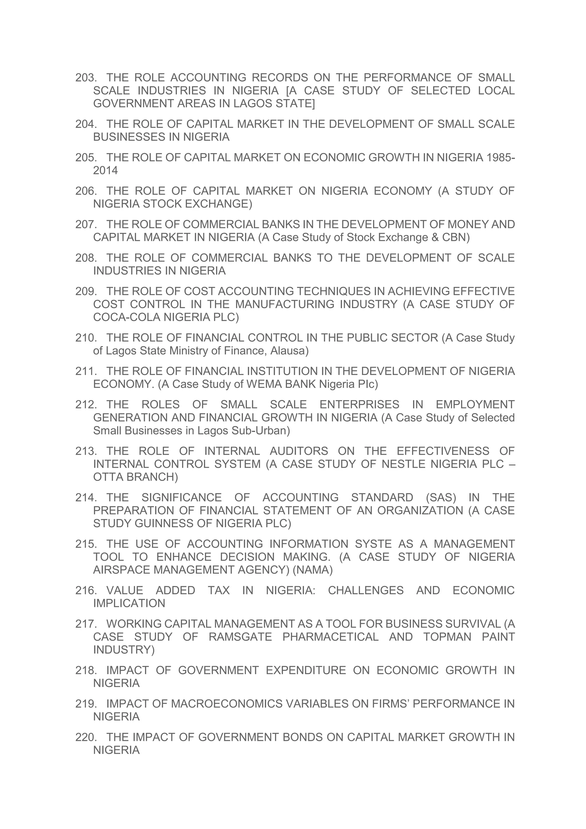 203. THE ROLE ACCOUNTING RECORDS ON THE PERFORMANCE OF SMALL
SCALE INDUSTRIES IN NIGERIA [A CASE STUDY OF SELECTED LOCAL
GOVERNMENT AREAS IN LAGOS STATE]
204. THE ROLE OF CAPITAL MARKET IN THE DEVELOPMENT OF SMALL SCALE
BUSINESSES IN NIGERIA
205. THE ROLE OF CAPITAL MARKET ON ECONOMIC GROWTH IN NIGERIA 1985-
2014
206. THE ROLE OF CAPITAL MARKET ON NIGERIA ECONOMY (A STUDY OF
NIGERIA STOCK EXCHANGE)
207. THE ROLE OF COMMERCIAL BANKS IN THE DEVELOPMENT OF MONEY AND
CAPITAL MARKET IN NIGERIA (A Case Study of Stock Exchange & CBN)
208. THE ROLE OF COMMERCIAL BANKS TO THE DEVELOPMENT OF SCALE
INDUSTRIES IN NIGERIA
209. THE ROLE OF COST ACCOUNTING TECHNIQUES IN ACHIEVING EFFECTIVE
COST CONTROL IN THE MANUFACTURING INDUSTRY (A CASE STUDY OF
COCA-COLA NIGERIA PLC)
210. THE ROLE OF FINANCIAL CONTROL IN THE PUBLIC SECTOR (A Case Study
of Lagos State Ministry of Finance, Alausa)
211. THE ROLE OF FINANCIAL INSTITUTION IN THE DEVELOPMENT OF NIGERIA
ECONOMY. (A Case Study of WEMA BANK Nigeria PIc)
212. THE ROLES OF SMALL SCALE ENTERPRISES IN EMPLOYMENT
GENERATION AND FINANCIAL GROWTH IN NIGERIA (A Case Study of Selected
Small Businesses in Lagos Sub-Urban)
213. THE ROLE OF INTERNAL AUDITORS ON THE EFFECTIVENESS OF
INTERNAL CONTROL SYSTEM (A CASE STUDY OF NESTLE NIGERIA PLC –
OTTA BRANCH)
214. THE SIGNIFICANCE OF ACCOUNTING STANDARD (SAS) IN THE
PREPARATION OF FINANCIAL STATEMENT OF AN ORGANIZATION (A CASE
STUDY GUINNESS OF NIGERIA PLC)
215. THE USE OF ACCOUNTING INFORMATION SYSTE AS A MANAGEMENT
TOOL TO ENHANCE DECISION MAKING. (A CASE STUDY OF NIGERIA
AIRSPACE MANAGEMENT AGENCY) (NAMA)
216. VALUE ADDED TAX IN NIGERIA: CHALLENGES AND ECONOMIC
IMPLICATION
217. WORKING CAPITAL MANAGEMENT AS A TOOL FOR BUSINESS SURVIVAL (A
CASE STUDY OF RAMSGATE PHARMACETICAL AND TOPMAN PAINT
INDUSTRY)
218. IMPACT OF GOVERNMENT EXPENDITURE ON ECONOMIC GROWTH IN
NIGERIA
219. IMPACT OF MACROECONOMICS VARIABLES ON FIRMS’ PERFORMANCE IN
NIGERIA
220. THE IMPACT OF GOVERNMENT BONDS ON CAPITAL MARKET GROWTH IN
NIGERIA
 