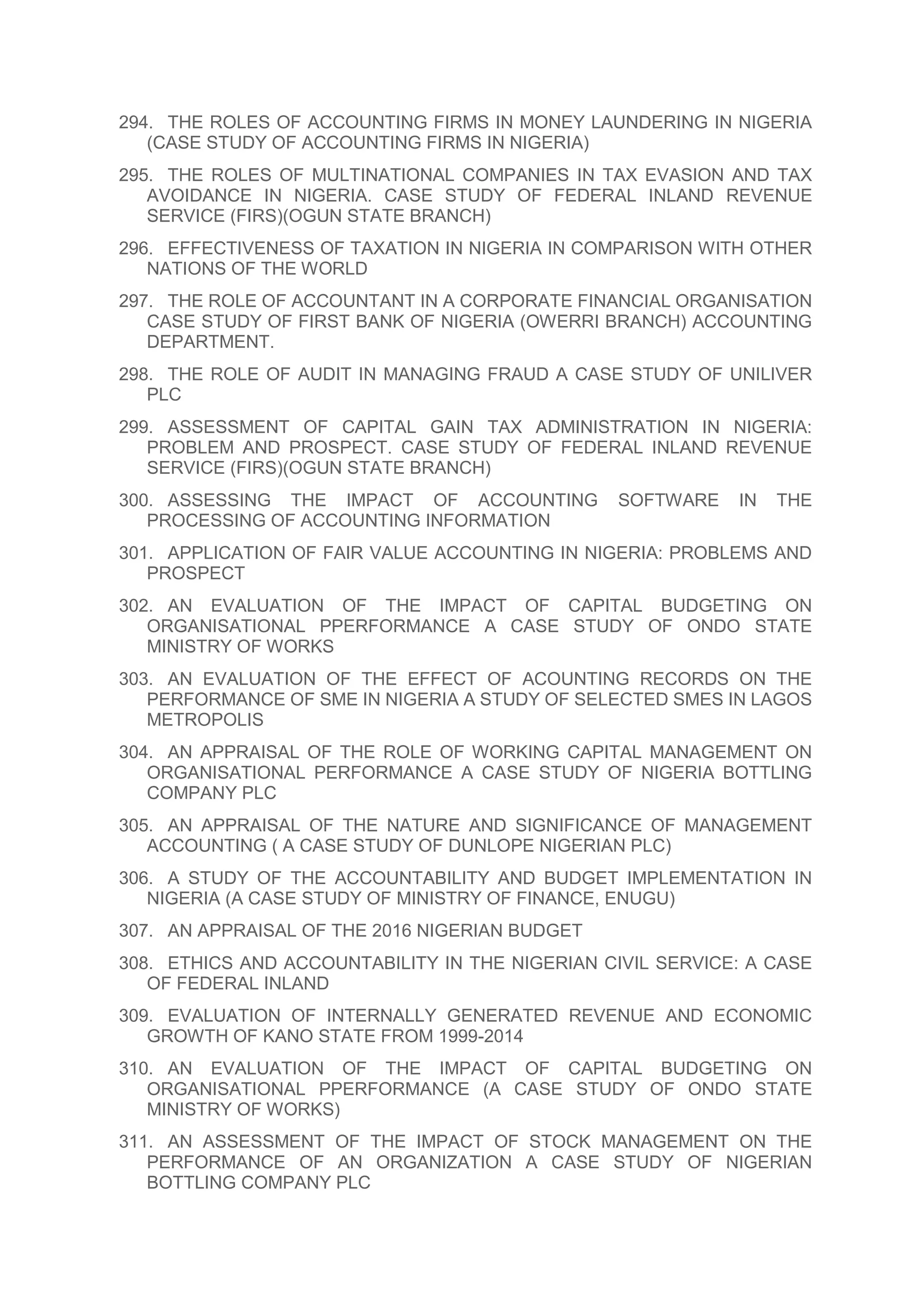 294. THE ROLES OF ACCOUNTING FIRMS IN MONEY LAUNDERING IN NIGERIA
(CASE STUDY OF ACCOUNTING FIRMS IN NIGERIA)
295. THE ROLES OF MULTINATIONAL COMPANIES IN TAX EVASION AND TAX
AVOIDANCE IN NIGERIA. CASE STUDY OF FEDERAL INLAND REVENUE
SERVICE (FIRS)(OGUN STATE BRANCH)
296. EFFECTIVENESS OF TAXATION IN NIGERIA IN COMPARISON WITH OTHER
NATIONS OF THE WORLD
297. THE ROLE OF ACCOUNTANT IN A CORPORATE FINANCIAL ORGANISATION
CASE STUDY OF FIRST BANK OF NIGERIA (OWERRI BRANCH) ACCOUNTING
DEPARTMENT.
298. THE ROLE OF AUDIT IN MANAGING FRAUD A CASE STUDY OF UNILIVER
PLC
299. ASSESSMENT OF CAPITAL GAIN TAX ADMINISTRATION IN NIGERIA:
PROBLEM AND PROSPECT. CASE STUDY OF FEDERAL INLAND REVENUE
SERVICE (FIRS)(OGUN STATE BRANCH)
300. ASSESSING THE IMPACT OF ACCOUNTING SOFTWARE IN THE
PROCESSING OF ACCOUNTING INFORMATION
301. APPLICATION OF FAIR VALUE ACCOUNTING IN NIGERIA: PROBLEMS AND
PROSPECT
302. AN EVALUATION OF THE IMPACT OF CAPITAL BUDGETING ON
ORGANISATIONAL PPERFORMANCE A CASE STUDY OF ONDO STATE
MINISTRY OF WORKS
303. AN EVALUATION OF THE EFFECT OF ACOUNTING RECORDS ON THE
PERFORMANCE OF SME IN NIGERIA A STUDY OF SELECTED SMES IN LAGOS
METROPOLIS
304. AN APPRAISAL OF THE ROLE OF WORKING CAPITAL MANAGEMENT ON
ORGANISATIONAL PERFORMANCE A CASE STUDY OF NIGERIA BOTTLING
COMPANY PLC
305. AN APPRAISAL OF THE NATURE AND SIGNIFICANCE OF MANAGEMENT
ACCOUNTING ( A CASE STUDY OF DUNLOPE NIGERIAN PLC)
306. A STUDY OF THE ACCOUNTABILITY AND BUDGET IMPLEMENTATION IN
NIGERIA (A CASE STUDY OF MINISTRY OF FINANCE, ENUGU)
307. AN APPRAISAL OF THE 2016 NIGERIAN BUDGET
308. ETHICS AND ACCOUNTABILITY IN THE NIGERIAN CIVIL SERVICE: A CASE
OF FEDERAL INLAND
309. EVALUATION OF INTERNALLY GENERATED REVENUE AND ECONOMIC
GROWTH OF KANO STATE FROM 1999-2014
310. AN EVALUATION OF THE IMPACT OF CAPITAL BUDGETING ON
ORGANISATIONAL PPERFORMANCE (A CASE STUDY OF ONDO STATE
MINISTRY OF WORKS)
311. AN ASSESSMENT OF THE IMPACT OF STOCK MANAGEMENT ON THE
PERFORMANCE OF AN ORGANIZATION A CASE STUDY OF NIGERIAN
BOTTLING COMPANY PLC
 