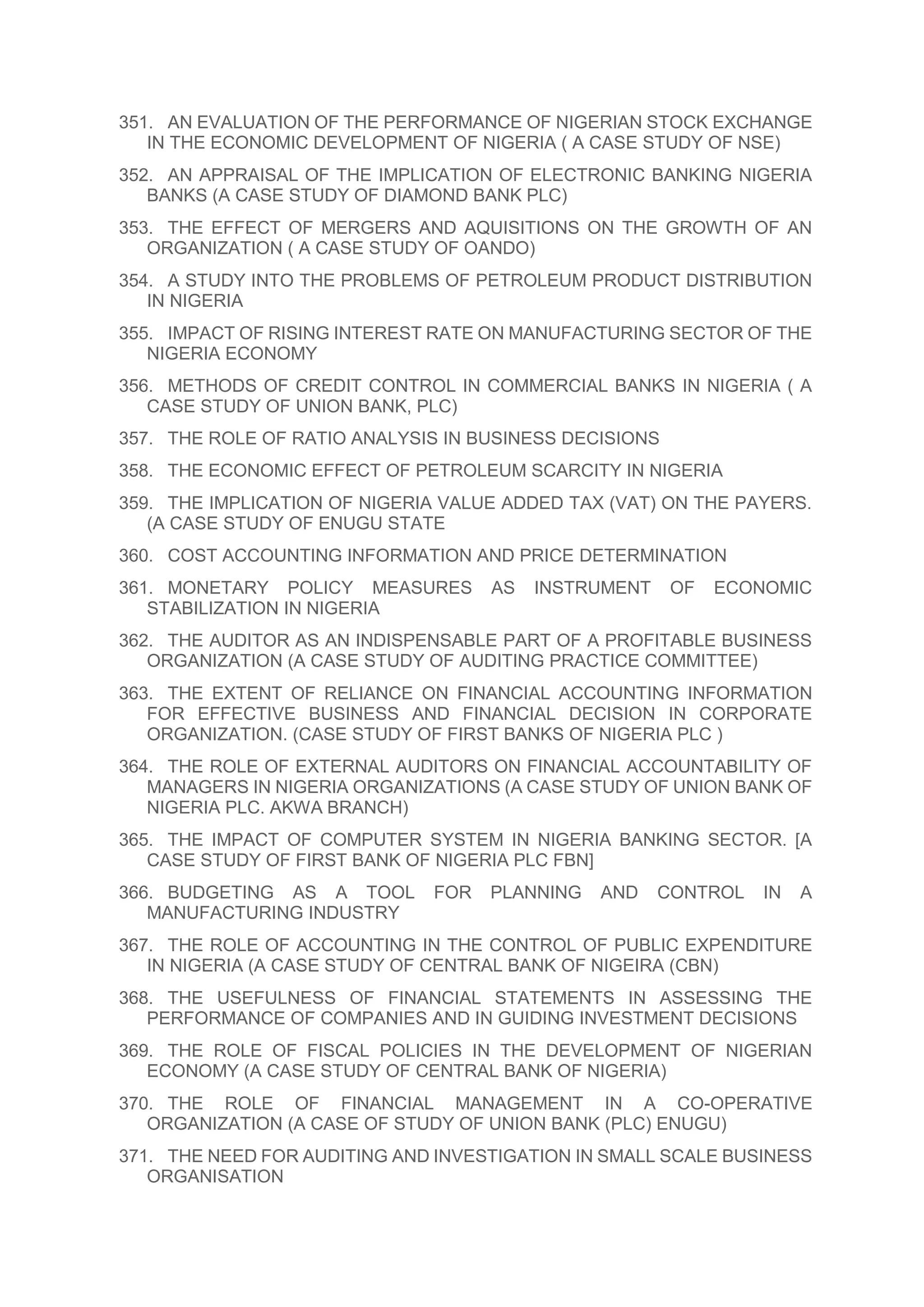 351. AN EVALUATION OF THE PERFORMANCE OF NIGERIAN STOCK EXCHANGE
IN THE ECONOMIC DEVELOPMENT OF NIGERIA ( A CASE STUDY OF NSE)
352. AN APPRAISAL OF THE IMPLICATION OF ELECTRONIC BANKING NIGERIA
BANKS (A CASE STUDY OF DIAMOND BANK PLC)
353. THE EFFECT OF MERGERS AND AQUISITIONS ON THE GROWTH OF AN
ORGANIZATION ( A CASE STUDY OF OANDO)
354. A STUDY INTO THE PROBLEMS OF PETROLEUM PRODUCT DISTRIBUTION
IN NIGERIA
355. IMPACT OF RISING INTEREST RATE ON MANUFACTURING SECTOR OF THE
NIGERIA ECONOMY
356. METHODS OF CREDIT CONTROL IN COMMERCIAL BANKS IN NIGERIA ( A
CASE STUDY OF UNION BANK, PLC)
357. THE ROLE OF RATIO ANALYSIS IN BUSINESS DECISIONS
358. THE ECONOMIC EFFECT OF PETROLEUM SCARCITY IN NIGERIA
359. THE IMPLICATION OF NIGERIA VALUE ADDED TAX (VAT) ON THE PAYERS.
(A CASE STUDY OF ENUGU STATE
360. COST ACCOUNTING INFORMATION AND PRICE DETERMINATION
361. MONETARY POLICY MEASURES AS INSTRUMENT OF ECONOMIC
STABILIZATION IN NIGERIA
362. THE AUDITOR AS AN INDISPENSABLE PART OF A PROFITABLE BUSINESS
ORGANIZATION (A CASE STUDY OF AUDITING PRACTICE COMMITTEE)
363. THE EXTENT OF RELIANCE ON FINANCIAL ACCOUNTING INFORMATION
FOR EFFECTIVE BUSINESS AND FINANCIAL DECISION IN CORPORATE
ORGANIZATION. (CASE STUDY OF FIRST BANKS OF NIGERIA PLC )
364. THE ROLE OF EXTERNAL AUDITORS ON FINANCIAL ACCOUNTABILITY OF
MANAGERS IN NIGERIA ORGANIZATIONS (A CASE STUDY OF UNION BANK OF
NIGERIA PLC. AKWA BRANCH)
365. THE IMPACT OF COMPUTER SYSTEM IN NIGERIA BANKING SECTOR. [A
CASE STUDY OF FIRST BANK OF NIGERIA PLC FBN]
366. BUDGETING AS A TOOL FOR PLANNING AND CONTROL IN A
MANUFACTURING INDUSTRY
367. THE ROLE OF ACCOUNTING IN THE CONTROL OF PUBLIC EXPENDITURE
IN NIGERIA (A CASE STUDY OF CENTRAL BANK OF NIGEIRA (CBN)
368. THE USEFULNESS OF FINANCIAL STATEMENTS IN ASSESSING THE
PERFORMANCE OF COMPANIES AND IN GUIDING INVESTMENT DECISIONS
369. THE ROLE OF FISCAL POLICIES IN THE DEVELOPMENT OF NIGERIAN
ECONOMY (A CASE STUDY OF CENTRAL BANK OF NIGERIA)
370. THE ROLE OF FINANCIAL MANAGEMENT IN A CO-OPERATIVE
ORGANIZATION (A CASE OF STUDY OF UNION BANK (PLC) ENUGU)
371. THE NEED FOR AUDITING AND INVESTIGATION IN SMALL SCALE BUSINESS
ORGANISATION
 