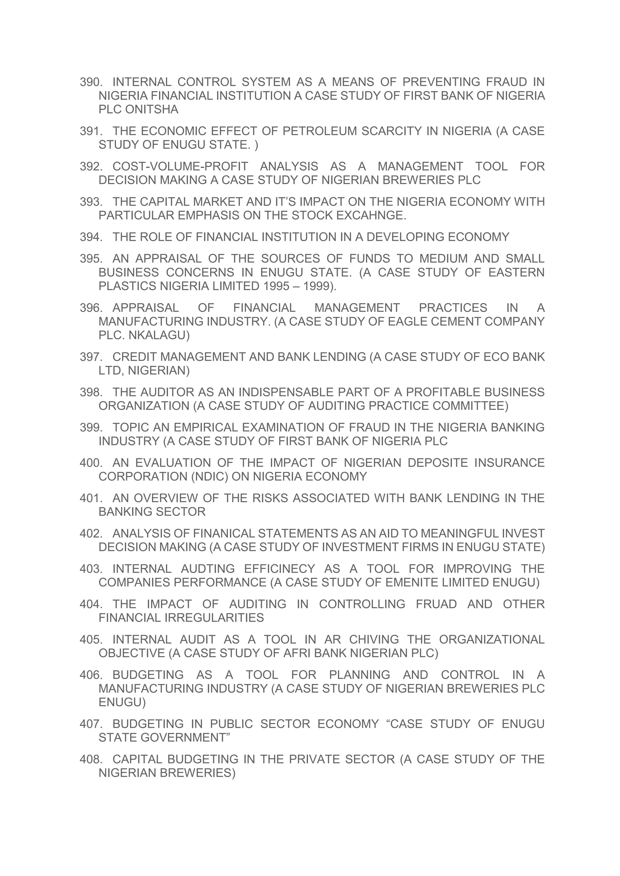 390. INTERNAL CONTROL SYSTEM AS A MEANS OF PREVENTING FRAUD IN
NIGERIA FINANCIAL INSTITUTION A CASE STUDY OF FIRST BANK OF NIGERIA
PLC ONITSHA
391. THE ECONOMIC EFFECT OF PETROLEUM SCARCITY IN NIGERIA (A CASE
STUDY OF ENUGU STATE. )
392. COST-VOLUME-PROFIT ANALYSIS AS A MANAGEMENT TOOL FOR
DECISION MAKING A CASE STUDY OF NIGERIAN BREWERIES PLC
393. THE CAPITAL MARKET AND IT’S IMPACT ON THE NIGERIA ECONOMY WITH
PARTICULAR EMPHASIS ON THE STOCK EXCAHNGE.
394. THE ROLE OF FINANCIAL INSTITUTION IN A DEVELOPING ECONOMY
395. AN APPRAISAL OF THE SOURCES OF FUNDS TO MEDIUM AND SMALL
BUSINESS CONCERNS IN ENUGU STATE. (A CASE STUDY OF EASTERN
PLASTICS NIGERIA LIMITED 1995 – 1999).
396. APPRAISAL OF FINANCIAL MANAGEMENT PRACTICES IN A
MANUFACTURING INDUSTRY. (A CASE STUDY OF EAGLE CEMENT COMPANY
PLC. NKALAGU)
397. CREDIT MANAGEMENT AND BANK LENDING (A CASE STUDY OF ECO BANK
LTD, NIGERIAN)
398. THE AUDITOR AS AN INDISPENSABLE PART OF A PROFITABLE BUSINESS
ORGANIZATION (A CASE STUDY OF AUDITING PRACTICE COMMITTEE)
399. TOPIC AN EMPIRICAL EXAMINATION OF FRAUD IN THE NIGERIA BANKING
INDUSTRY (A CASE STUDY OF FIRST BANK OF NIGERIA PLC
400. AN EVALUATION OF THE IMPACT OF NIGERIAN DEPOSITE INSURANCE
CORPORATION (NDIC) ON NIGERIA ECONOMY
401. AN OVERVIEW OF THE RISKS ASSOCIATED WITH BANK LENDING IN THE
BANKING SECTOR
402. ANALYSIS OF FINANICAL STATEMENTS AS AN AID TO MEANINGFUL INVEST
DECISION MAKING (A CASE STUDY OF INVESTMENT FIRMS IN ENUGU STATE)
403. INTERNAL AUDTING EFFICINECY AS A TOOL FOR IMPROVING THE
COMPANIES PERFORMANCE (A CASE STUDY OF EMENITE LIMITED ENUGU)
404. THE IMPACT OF AUDITING IN CONTROLLING FRUAD AND OTHER
FINANCIAL IRREGULARITIES
405. INTERNAL AUDIT AS A TOOL IN AR CHIVING THE ORGANIZATIONAL
OBJECTIVE (A CASE STUDY OF AFRI BANK NIGERIAN PLC)
406. BUDGETING AS A TOOL FOR PLANNING AND CONTROL IN A
MANUFACTURING INDUSTRY (A CASE STUDY OF NIGERIAN BREWERIES PLC
ENUGU)
407. BUDGETING IN PUBLIC SECTOR ECONOMY “CASE STUDY OF ENUGU
STATE GOVERNMENT”
408. CAPITAL BUDGETING IN THE PRIVATE SECTOR (A CASE STUDY OF THE
NIGERIAN BREWERIES)
 