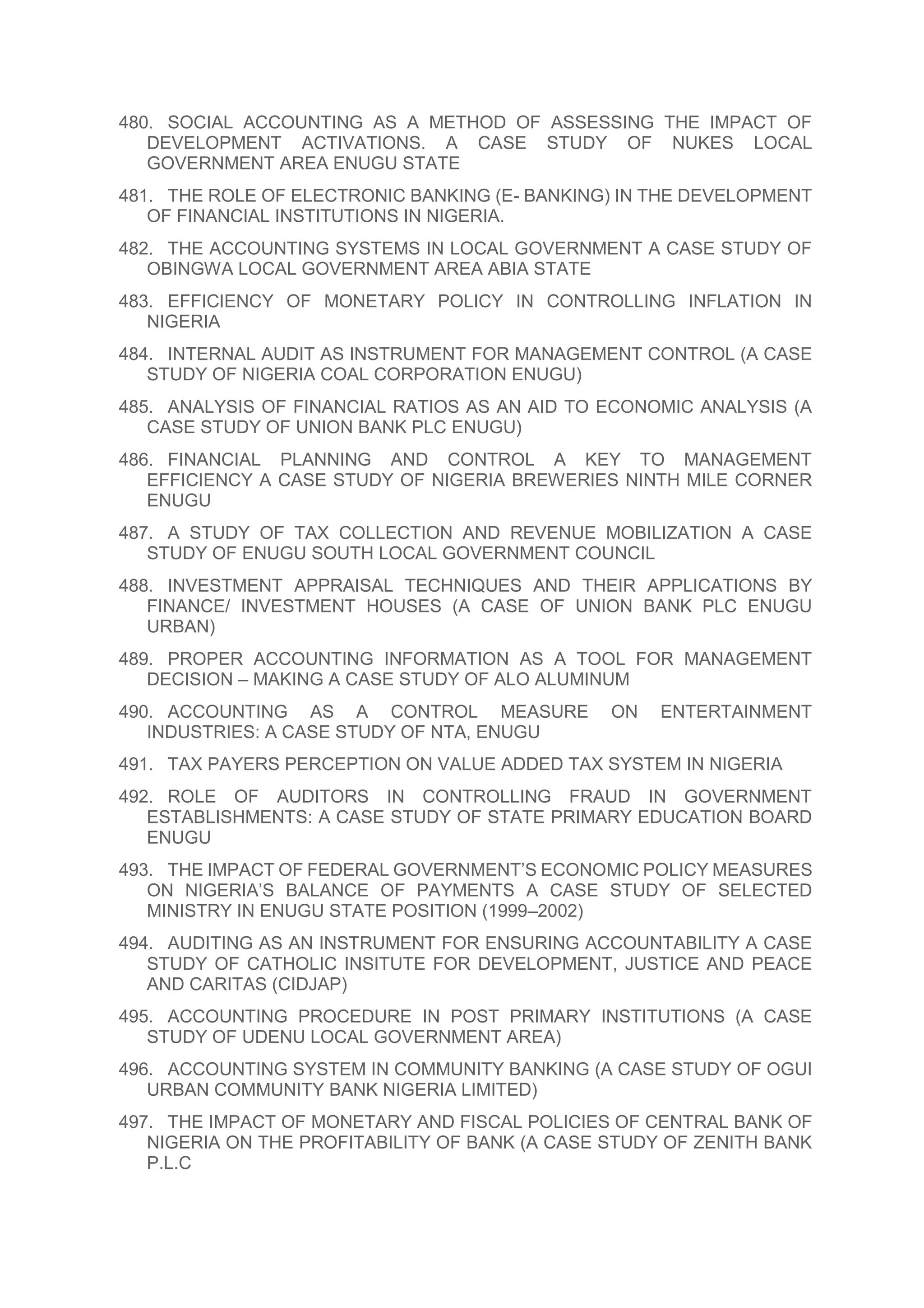 480. SOCIAL ACCOUNTING AS A METHOD OF ASSESSING THE IMPACT OF
DEVELOPMENT ACTIVATIONS. A CASE STUDY OF NUKES LOCAL
GOVERNMENT AREA ENUGU STATE
481. THE ROLE OF ELECTRONIC BANKING (E- BANKING) IN THE DEVELOPMENT
OF FINANCIAL INSTITUTIONS IN NIGERIA.
482. THE ACCOUNTING SYSTEMS IN LOCAL GOVERNMENT A CASE STUDY OF
OBINGWA LOCAL GOVERNMENT AREA ABIA STATE
483. EFFICIENCY OF MONETARY POLICY IN CONTROLLING INFLATION IN
NIGERIA
484. INTERNAL AUDIT AS INSTRUMENT FOR MANAGEMENT CONTROL (A CASE
STUDY OF NIGERIA COAL CORPORATION ENUGU)
485. ANALYSIS OF FINANCIAL RATIOS AS AN AID TO ECONOMIC ANALYSIS (A
CASE STUDY OF UNION BANK PLC ENUGU)
486. FINANCIAL PLANNING AND CONTROL A KEY TO MANAGEMENT
EFFICIENCY A CASE STUDY OF NIGERIA BREWERIES NINTH MILE CORNER
ENUGU
487. A STUDY OF TAX COLLECTION AND REVENUE MOBILIZATION A CASE
STUDY OF ENUGU SOUTH LOCAL GOVERNMENT COUNCIL
488. INVESTMENT APPRAISAL TECHNIQUES AND THEIR APPLICATIONS BY
FINANCE/ INVESTMENT HOUSES (A CASE OF UNION BANK PLC ENUGU
URBAN)
489. PROPER ACCOUNTING INFORMATION AS A TOOL FOR MANAGEMENT
DECISION – MAKING A CASE STUDY OF ALO ALUMINUM
490. ACCOUNTING AS A CONTROL MEASURE ON ENTERTAINMENT
INDUSTRIES: A CASE STUDY OF NTA, ENUGU
491. TAX PAYERS PERCEPTION ON VALUE ADDED TAX SYSTEM IN NIGERIA
492. ROLE OF AUDITORS IN CONTROLLING FRAUD IN GOVERNMENT
ESTABLISHMENTS: A CASE STUDY OF STATE PRIMARY EDUCATION BOARD
ENUGU
493. THE IMPACT OF FEDERAL GOVERNMENT’S ECONOMIC POLICY MEASURES
ON NIGERIA’S BALANCE OF PAYMENTS A CASE STUDY OF SELECTED
MINISTRY IN ENUGU STATE POSITION (1999–2002)
494. AUDITING AS AN INSTRUMENT FOR ENSURING ACCOUNTABILITY A CASE
STUDY OF CATHOLIC INSITUTE FOR DEVELOPMENT, JUSTICE AND PEACE
AND CARITAS (CIDJAP)
495. ACCOUNTING PROCEDURE IN POST PRIMARY INSTITUTIONS (A CASE
STUDY OF UDENU LOCAL GOVERNMENT AREA)
496. ACCOUNTING SYSTEM IN COMMUNITY BANKING (A CASE STUDY OF OGUI
URBAN COMMUNITY BANK NIGERIA LIMITED)
497. THE IMPACT OF MONETARY AND FISCAL POLICIES OF CENTRAL BANK OF
NIGERIA ON THE PROFITABILITY OF BANK (A CASE STUDY OF ZENITH BANK
P.L.C
 