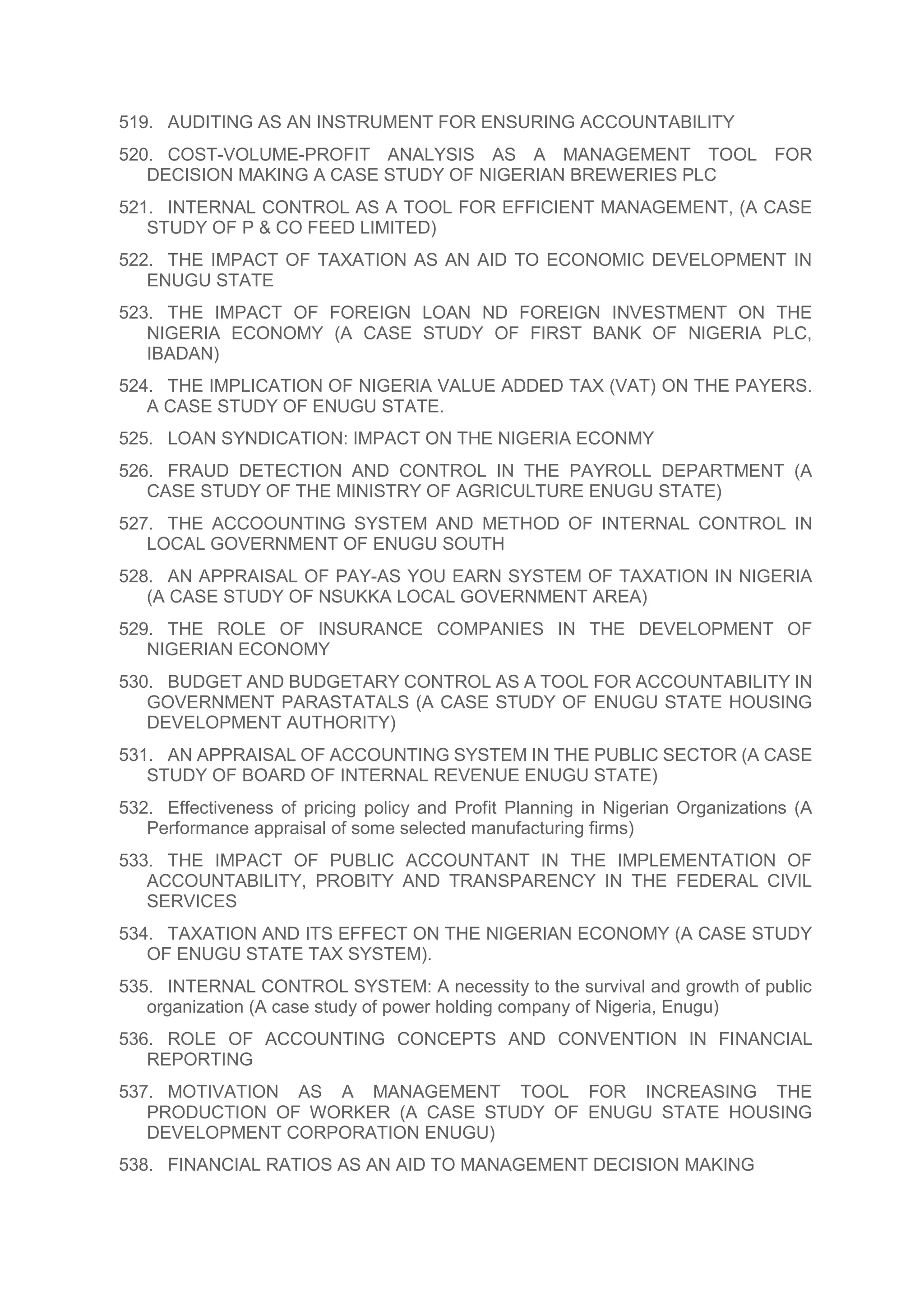 519. AUDITING AS AN INSTRUMENT FOR ENSURING ACCOUNTABILITY
520. COST-VOLUME-PROFIT ANALYSIS AS A MANAGEMENT TOOL FOR
DECISION MAKING A CASE STUDY OF NIGERIAN BREWERIES PLC
521. INTERNAL CONTROL AS A TOOL FOR EFFICIENT MANAGEMENT, (A CASE
STUDY OF P & CO FEED LIMITED)
522. THE IMPACT OF TAXATION AS AN AID TO ECONOMIC DEVELOPMENT IN
ENUGU STATE
523. THE IMPACT OF FOREIGN LOAN ND FOREIGN INVESTMENT ON THE
NIGERIA ECONOMY (A CASE STUDY OF FIRST BANK OF NIGERIA PLC,
IBADAN)
524. THE IMPLICATION OF NIGERIA VALUE ADDED TAX (VAT) ON THE PAYERS.
A CASE STUDY OF ENUGU STATE.
525. LOAN SYNDICATION: IMPACT ON THE NIGERIA ECONMY
526. FRAUD DETECTION AND CONTROL IN THE PAYROLL DEPARTMENT (A
CASE STUDY OF THE MINISTRY OF AGRICULTURE ENUGU STATE)
527. THE ACCOOUNTING SYSTEM AND METHOD OF INTERNAL CONTROL IN
LOCAL GOVERNMENT OF ENUGU SOUTH
528. AN APPRAISAL OF PAY-AS YOU EARN SYSTEM OF TAXATION IN NIGERIA
(A CASE STUDY OF NSUKKA LOCAL GOVERNMENT AREA)
529. THE ROLE OF INSURANCE COMPANIES IN THE DEVELOPMENT OF
NIGERIAN ECONOMY
530. BUDGET AND BUDGETARY CONTROL AS A TOOL FOR ACCOUNTABILITY IN
GOVERNMENT PARASTATALS (A CASE STUDY OF ENUGU STATE HOUSING
DEVELOPMENT AUTHORITY)
531. AN APPRAISAL OF ACCOUNTING SYSTEM IN THE PUBLIC SECTOR (A CASE
STUDY OF BOARD OF INTERNAL REVENUE ENUGU STATE)
532. Effectiveness of pricing policy and Profit Planning in Nigerian Organizations (A
Performance appraisal of some selected manufacturing firms)
533. THE IMPACT OF PUBLIC ACCOUNTANT IN THE IMPLEMENTATION OF
ACCOUNTABILITY, PROBITY AND TRANSPARENCY IN THE FEDERAL CIVIL
SERVICES
534. TAXATION AND ITS EFFECT ON THE NIGERIAN ECONOMY (A CASE STUDY
OF ENUGU STATE TAX SYSTEM).
535. INTERNAL CONTROL SYSTEM: A necessity to the survival and growth of public
organization (A case study of power holding company of Nigeria, Enugu)
536. ROLE OF ACCOUNTING CONCEPTS AND CONVENTION IN FINANCIAL
REPORTING
537. MOTIVATION AS A MANAGEMENT TOOL FOR INCREASING THE
PRODUCTION OF WORKER (A CASE STUDY OF ENUGU STATE HOUSING
DEVELOPMENT CORPORATION ENUGU)
538. FINANCIAL RATIOS AS AN AID TO MANAGEMENT DECISION MAKING
 