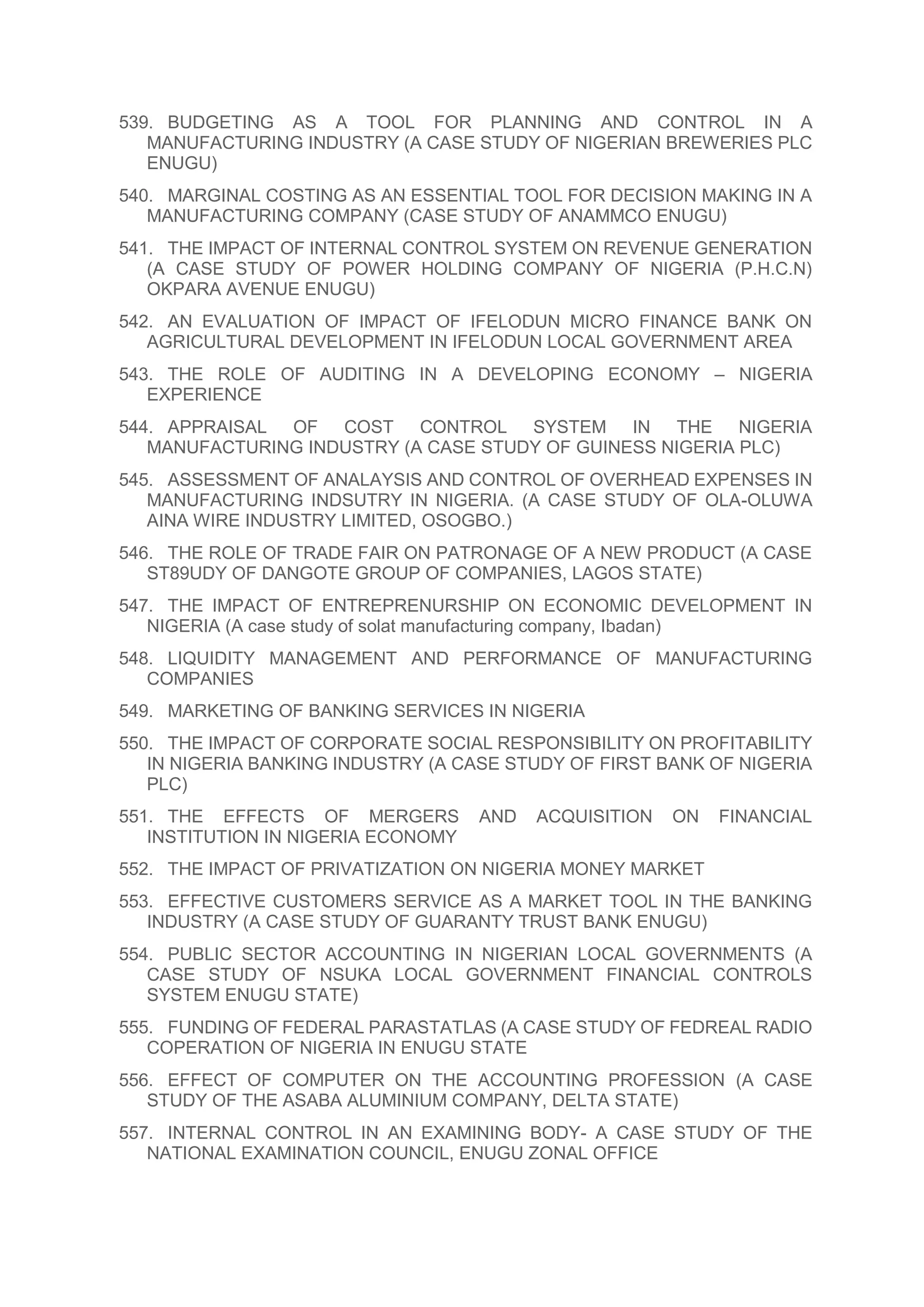 539. BUDGETING AS A TOOL FOR PLANNING AND CONTROL IN A
MANUFACTURING INDUSTRY (A CASE STUDY OF NIGERIAN BREWERIES PLC
ENUGU)
540. MARGINAL COSTING AS AN ESSENTIAL TOOL FOR DECISION MAKING IN A
MANUFACTURING COMPANY (CASE STUDY OF ANAMMCO ENUGU)
541. THE IMPACT OF INTERNAL CONTROL SYSTEM ON REVENUE GENERATION
(A CASE STUDY OF POWER HOLDING COMPANY OF NIGERIA (P.H.C.N)
OKPARA AVENUE ENUGU)
542. AN EVALUATION OF IMPACT OF IFELODUN MICRO FINANCE BANK ON
AGRICULTURAL DEVELOPMENT IN IFELODUN LOCAL GOVERNMENT AREA
543. THE ROLE OF AUDITING IN A DEVELOPING ECONOMY – NIGERIA
EXPERIENCE
544. APPRAISAL OF COST CONTROL SYSTEM IN THE NIGERIA
MANUFACTURING INDUSTRY (A CASE STUDY OF GUINESS NIGERIA PLC)
545. ASSESSMENT OF ANALAYSIS AND CONTROL OF OVERHEAD EXPENSES IN
MANUFACTURING INDSUTRY IN NIGERIA. (A CASE STUDY OF OLA-OLUWA
AINA WIRE INDUSTRY LIMITED, OSOGBO.)
546. THE ROLE OF TRADE FAIR ON PATRONAGE OF A NEW PRODUCT (A CASE
ST89UDY OF DANGOTE GROUP OF COMPANIES, LAGOS STATE)
547. THE IMPACT OF ENTREPRENURSHIP ON ECONOMIC DEVELOPMENT IN
NIGERIA (A case study of solat manufacturing company, Ibadan)
548. LIQUIDITY MANAGEMENT AND PERFORMANCE OF MANUFACTURING
COMPANIES
549. MARKETING OF BANKING SERVICES IN NIGERIA
550. THE IMPACT OF CORPORATE SOCIAL RESPONSIBILITY ON PROFITABILITY
IN NIGERIA BANKING INDUSTRY (A CASE STUDY OF FIRST BANK OF NIGERIA
PLC)
551. THE EFFECTS OF MERGERS AND ACQUISITION ON FINANCIAL
INSTITUTION IN NIGERIA ECONOMY
552. THE IMPACT OF PRIVATIZATION ON NIGERIA MONEY MARKET
553. EFFECTIVE CUSTOMERS SERVICE AS A MARKET TOOL IN THE BANKING
INDUSTRY (A CASE STUDY OF GUARANTY TRUST BANK ENUGU)
554. PUBLIC SECTOR ACCOUNTING IN NIGERIAN LOCAL GOVERNMENTS (A
CASE STUDY OF NSUKA LOCAL GOVERNMENT FINANCIAL CONTROLS
SYSTEM ENUGU STATE)
555. FUNDING OF FEDERAL PARASTATLAS (A CASE STUDY OF FEDREAL RADIO
COPERATION OF NIGERIA IN ENUGU STATE
556. EFFECT OF COMPUTER ON THE ACCOUNTING PROFESSION (A CASE
STUDY OF THE ASABA ALUMINIUM COMPANY, DELTA STATE)
557. INTERNAL CONTROL IN AN EXAMINING BODY- A CASE STUDY OF THE
NATIONAL EXAMINATION COUNCIL, ENUGU ZONAL OFFICE
 