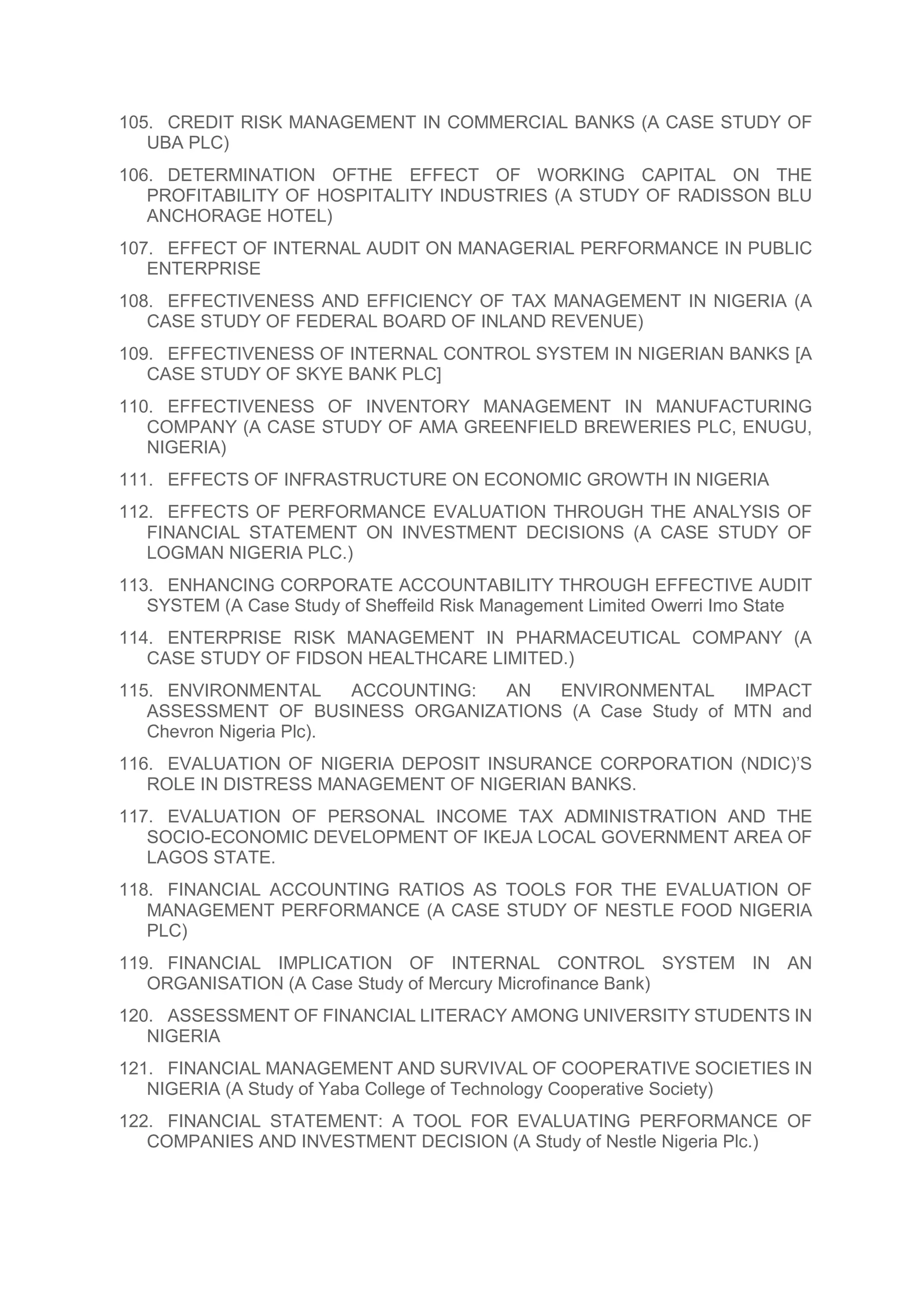105. CREDIT RISK MANAGEMENT IN COMMERCIAL BANKS (A CASE STUDY OF
UBA PLC)
106. DETERMINATION OFTHE EFFECT OF WORKING CAPITAL ON THE
PROFITABILITY OF HOSPITALITY INDUSTRIES (A STUDY OF RADISSON BLU
ANCHORAGE HOTEL)
107. EFFECT OF INTERNAL AUDIT ON MANAGERIAL PERFORMANCE IN PUBLIC
ENTERPRISE
108. EFFECTIVENESS AND EFFICIENCY OF TAX MANAGEMENT IN NIGERIA (A
CASE STUDY OF FEDERAL BOARD OF INLAND REVENUE)
109. EFFECTIVENESS OF INTERNAL CONTROL SYSTEM IN NIGERIAN BANKS [A
CASE STUDY OF SKYE BANK PLC]
110. EFFECTIVENESS OF INVENTORY MANAGEMENT IN MANUFACTURING
COMPANY (A CASE STUDY OF AMA GREENFIELD BREWERIES PLC, ENUGU,
NIGERIA)
111. EFFECTS OF INFRASTRUCTURE ON ECONOMIC GROWTH IN NIGERIA
112. EFFECTS OF PERFORMANCE EVALUATION THROUGH THE ANALYSIS OF
FINANCIAL STATEMENT ON INVESTMENT DECISIONS (A CASE STUDY OF
LOGMAN NIGERIA PLC.)
113. ENHANCING CORPORATE ACCOUNTABILITY THROUGH EFFECTIVE AUDIT
SYSTEM (A Case Study of Sheffeild Risk Management Limited Owerri Imo State
114. ENTERPRISE RISK MANAGEMENT IN PHARMACEUTICAL COMPANY (A
CASE STUDY OF FIDSON HEALTHCARE LIMITED.)
115. ENVIRONMENTAL ACCOUNTING: AN ENVIRONMENTAL IMPACT
ASSESSMENT OF BUSINESS ORGANIZATIONS (A Case Study of MTN and
Chevron Nigeria Plc).
116. EVALUATION OF NIGERIA DEPOSIT INSURANCE CORPORATION (NDIC)’S
ROLE IN DISTRESS MANAGEMENT OF NIGERIAN BANKS.
117. EVALUATION OF PERSONAL INCOME TAX ADMINISTRATION AND THE
SOCIO-ECONOMIC DEVELOPMENT OF IKEJA LOCAL GOVERNMENT AREA OF
LAGOS STATE.
118. FINANCIAL ACCOUNTING RATIOS AS TOOLS FOR THE EVALUATION OF
MANAGEMENT PERFORMANCE (A CASE STUDY OF NESTLE FOOD NIGERIA
PLC)
119. FINANCIAL IMPLICATION OF INTERNAL CONTROL SYSTEM IN AN
ORGANISATION (A Case Study of Mercury Microfinance Bank)
120. ASSESSMENT OF FINANCIAL LITERACY AMONG UNIVERSITY STUDENTS IN
NIGERIA
121. FINANCIAL MANAGEMENT AND SURVIVAL OF COOPERATIVE SOCIETIES IN
NIGERIA (A Study of Yaba College of Technology Cooperative Society)
122. FINANCIAL STATEMENT: A TOOL FOR EVALUATING PERFORMANCE OF
COMPANIES AND INVESTMENT DECISION (A Study of Nestle Nigeria Plc.)
 