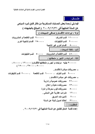 ‫الفصل‬‫السادس‬:‫القوائم‬‫المالية‬‫في‬‫المنشأت‬‫الفندقية‬
113
‫ل‬ ‫ـــــــ‬) ‫ل‬ ‫ـــــــ‬
‫ا‬ ‫ة‬ ‫أرﺹ‬‫ﺡ‬ ‫ا‬ ‫د‬ ‫ﺵ‬ ‫ق‬ ‫ﺕ‬ ‫د‬ ‫ا‬ ‫ت‬ ‫ا‬ ‫ة‬ ‫أرﺹ‬‫ﺡ‬ ‫ا‬ ‫د‬ ‫ﺵ‬ ‫ق‬ ‫ﺕ‬ ‫د‬ ‫ا‬ ‫ت‬
‫ا‬ ‫ا‬٣١ ‫ا‬ ‫ا‬/٣١١٢//١٢٢٠٠٩/٢٠٠٩)‫ت‬ ‫ا‬ )( ‫ت‬ ‫ا‬(
‫أو‬: ‫أو‬‫م‬ ‫ا‬ ‫ادات‬ ‫إ‬ :) ‫م‬ ‫ا‬ ‫ادات‬ ‫إ‬‫ت‬ ‫ا‬ ‫ﺹ‬ )( ‫ت‬ ‫ا‬ ‫ﺹ‬(
١١٠٠٠٠٠١١٠٠٠٠٠‫ف‬ ‫ـــ‬ ‫ا‬‫ف‬ ‫ـــ‬ ‫ا‬٩٠٠٠٠٠٩٠٠٠٠٠‫ا‬‫ا‬‫ت‬ ‫و‬ ‫ا‬ ‫و‬‫ت‬ ‫و‬ ‫ا‬ ‫و‬
٢٠٠٠٠٠٢٠٠٠٠٠‫ت‬ ‫ﻥ‬ ‫ا‬‫ت‬ ‫ﻥ‬ ‫ا‬٢٥٠٠٠٠٢٥٠٠٠٠‫ى‬ ‫أﺥ‬ ‫إﻥ‬ ‫م‬ ‫أ‬‫ى‬ ‫أﺥ‬ ‫إﻥ‬ ‫م‬ ‫أ‬
٥٠٠٠٠٥٠٠٠٠‫إﻥ‬ ‫ى‬ ‫أﺥ‬ ‫م‬ ‫أ‬‫إﻥ‬ ‫ى‬ ‫أﺥ‬ ‫م‬ ‫أ‬
‫ﻥ‬ ‫ﺙ‬: ‫ﻥ‬ ‫ﺙ‬‫ت‬ ‫ا‬ ‫ﺕ‬ :: ‫ت‬ ‫ا‬ ‫ﺕ‬:
٤٥٠٠٠٠٤٥٠٠٠٠‫ا‬‫ا‬‫ت‬ ‫و‬ ‫ا‬ ‫و‬‫ت‬ ‫و‬ ‫ا‬ ‫و‬٥٠٠٠٠٥٠٠٠٠‫ت‬ ‫ﻥ‬ ‫ا‬‫ت‬ ‫ﻥ‬ ‫ا‬
‫ﺙ‬: ‫ﺙ‬‫ﺕ‬ ‫و‬ ‫ر‬ ‫ا‬ ‫و‬ ‫ت‬ ‫ﺕ‬ ‫ا‬ :: ‫ﺕ‬ ‫و‬ ‫ر‬ ‫ا‬ ‫و‬ ‫ت‬ ‫ﺕ‬ ‫ا‬:
٣٠٠٠٠٠٣٠٠٠٠٠‫م‬ ‫ﺕ‬ ‫و‬ ‫ر‬ ‫أ‬ ‫و‬ ‫ت‬ ‫ﺕ‬) ‫م‬ ‫ﺕ‬ ‫و‬ ‫ر‬ ‫أ‬ ‫و‬ ‫ت‬ ‫ﺕ‬١٢٠٠٠٠ )١٢٠٠٠٠،٨٠٠٠٠ ،٨٠٠٠٠،،
٥٠٠٠٠٥٠٠٠٠،٣٥٠٠٠ ،٣٥٠٠٠،١٥٠٠٠ ،١٥٠٠٠((
‫م‬ ‫ة‬ ‫ﺵ‬ ‫ت‬ ‫و‬ ‫ــ‬. ‫م‬ ‫ة‬ ‫ﺵ‬ ‫ت‬ ‫و‬ ‫ــ‬.
٩٠٠٠٠٩٠٠٠٠‫ف‬ ‫ا‬، ‫ف‬ ‫ا‬٦٠٠٠٠ ،٦٠٠٠٠‫ا‬‫ا‬،٢٠٠٠٠ ،٢٠٠٠٠‫ت‬ ‫ﻥ‬ ‫ا‬‫ت‬ ‫ﻥ‬ ‫ا‬
‫م‬ ‫ة‬ ‫ﺵ‬ ‫ت‬ ‫و‬ ‫ــ‬: ‫م‬ ‫ة‬ ‫ﺵ‬ ‫ت‬ ‫و‬ ‫ــ‬:
٢٢٠٠٠٠٢٢٠٠٠٠‫إدار‬ ‫و‬ ‫ت‬ ‫و‬‫إدار‬ ‫و‬ ‫ت‬ ‫و‬
١٣٠٠٠٠١٣٠٠٠٠‫ن‬ ‫إ‬ ‫و‬ ‫د‬ ‫ت‬ ‫و‬‫ن‬ ‫إ‬ ‫و‬ ‫د‬ ‫ت‬ ‫و‬
٥٠٠٠٠٥٠٠٠٠‫رة‬ ‫إﻥ‬ ‫و‬ ‫آ‬ ‫ى‬ ‫ت‬ ‫و‬‫رة‬ ‫إﻥ‬ ‫و‬ ‫آ‬ ‫ى‬ ‫ت‬ ‫و‬
١١٢٠٠٠٢٠٠٠‫ﻥ‬ ‫ا‬ ‫ر‬ ‫اﺉ‬ ‫ﺽ‬. ‫ﻥ‬ ‫ا‬ ‫ر‬ ‫اﺉ‬ ‫ﺽ‬.
٧٠٠٠٧٠٠٠‫ا‬ ‫ﺽ‬ ‫ﺕ‬‫ا‬ ‫ﺽ‬ ‫ﺕ‬
٣١٠٠٠٣١٠٠٠‫ا‬ ‫ﺙ‬ ‫ل‬ ‫أﺹ‬ ‫ك‬ ‫أه‬‫ا‬ ‫ﺙ‬ ‫ل‬ ‫أﺹ‬ ‫ك‬ ‫أه‬
‫ب‬ ‫ا‬: ‫ب‬ ‫ا‬:
‫ا‬ ‫ا‬ ‫ق‬ ‫ﺥ‬ ‫ا‬ ‫ﺉ‬ ‫اد‬ ‫إ‬٣١ ‫ا‬ ‫ا‬ ‫ق‬ ‫ﺥ‬ ‫ا‬ ‫ﺉ‬ ‫اد‬ ‫إ‬/٣١١٢//١٢٢٠٠٩/٢٠٠٩..
 