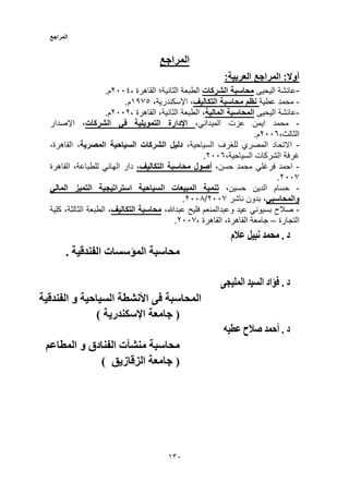 ‫المراجع‬
150
‫المراجع‬
‫المراجع‬ :‫أوال‬‫العربية‬:
-‫عائشة‬‫اليحيى‬‫محاسبة‬‫الشركات‬‫الطبعة‬‫الثانية؛‬‫القاهرة‬،1200.‫م‬
-‫عطية‬ ‫محمد‬‫التكاليف‬ ‫محاسبة‬ ‫نظم‬،،‫اإلسكندرية‬1353‫م‬.
-‫عائشة‬‫اليحيى‬‫المحاسبة‬‫المالية‬،‫الطبعة‬‫الثانية‬،‫القاهرة‬،2002‫م‬.
-‫عزت‬ ‫ايمن‬ ‫محمد‬،‫الميداني‬‫في‬ ‫التمويلية‬ ‫اإلدارة‬‫الشركات‬‫اإلصدار‬ ،
‫الثال‬‫ث‬،2005.‫م‬
-‫السياحية‬ ‫للغرف‬ ‫المصري‬ ‫االتحاد‬،‫السياحية‬ ‫الشركات‬ ‫دليل‬‫المصرية‬،‫القاهرة‬ ،
‫غرفة‬‫السياحية‬ ‫الشركات‬،2005.
-‫احمد‬‫فرغلي‬‫محمد‬،‫حسن‬‫محاسبة‬ ‫أصول‬،‫التكاليف‬‫الهاني‬ ‫دار‬،‫للطباعة‬‫القاهرة‬
2005.
-‫الدين‬ ‫حسام‬،‫حسين‬‫السياحية‬ ‫المبيعات‬ ‫تنمية‬‫استراتيجية‬‫التميز‬‫المالي‬
‫والمحاسبي‬،‫ناشر‬ ‫بدون‬2005/2003.
-‫صالح‬‫بسيوني‬‫فليح‬ ‫وعبدالمنعم‬ ‫عيد‬،‫عبدهللا‬‫محاسبة‬‫التكاليف‬‫الطبعة‬ ،‫كلية‬ ،‫الثالثة‬
‫التجارة‬–‫القاهرة‬ ،‫القاهرة‬ ‫جامعة‬،2005.
‫م‬ ‫ﻥ‬ . ‫د‬ •
. ‫ا‬ ‫ت‬ ‫ا‬
‫ا‬ ‫ا‬ ‫اد‬ . ‫د‬ •
‫ا‬ ‫و‬ ‫ﺡ‬ ‫ا‬ ‫ﻥ‬ ‫ا‬ ‫ا‬
( ‫ر‬ ‫ا‬ )
‫ح‬ ‫ﺹ‬ ‫أﺡ‬ . ‫د‬ •
‫ا‬ ‫و‬ ‫دق‬ ‫ا‬ ‫ت‬
( ‫ز‬ ‫ا‬ )
•
 