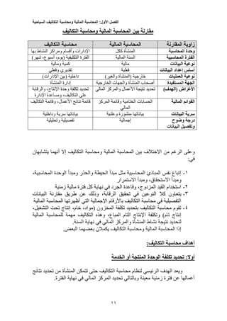‫الفصل‬‫األول‬:‫المحاسبة‬‫المالية‬‫ومحاسبة‬‫التكاليف‬‫السياحية‬
11
‫المحاسبة‬ ‫بين‬ ‫مقارنة‬‫التكاليف‬ ‫ومحاسبة‬ ‫المالية‬
‫المقارنة‬ ‫زاوية‬‫المالية‬ ‫المحاسبة‬‫التكاليف‬ ‫محاسبة‬
‫المحاسبة‬ ‫وحدة‬‫ككل‬ ‫المنشأة‬‫بها‬ ‫النشاط‬ ‫ومراكز‬ ‫وأقسام‬ ‫اإلدارات‬
‫المحاسبية‬ ‫الفترة‬‫المالية‬ ‫السنة‬‫التكليفية‬ ‫الفترة‬(‫شه‬ ،‫أسبوع‬ ،‫يوم‬‫ر‬)
‫البيانات‬ ‫نوعية‬‫مالية‬‫و‬ ‫كمية‬‫مالية‬
‫البيانات‬ ‫إعداد‬ ‫أساس‬‫فعلية‬‫وفعلي‬ ‫تقديري‬
‫العمليات‬ ‫نوعية‬)‫والغير‬ ‫(المنشأة‬ ‫خارجية‬)‫اإلدارات‬ ‫(بين‬ ‫داخلية‬
‫المستفيدة‬ ‫الجهة‬‫الخارجية‬ ‫والجهات‬ ‫المنشأة‬ ‫أصحاب‬‫المنشأة‬ ‫إدارة‬
)‫(الهدف‬ ‫األغراض‬‫المالي‬ ‫والمركز‬ ‫األعمال‬ ‫نتيجة‬ ‫تحديد‬‫والرقا‬ ،‫اإلنتاج‬ ‫وحدة‬ ‫تكلفة‬ ‫تحديد‬‫بة‬
‫اإلدارة‬ ‫ومساعدة‬ ،‫التكاليف‬ ‫على‬
‫المالية‬ ‫القوائم‬‫المركز‬ ‫وقائمة‬ ‫الختامية‬ ‫الحسابات‬
‫المالي‬
‫التكاليف‬ ‫وقائمة‬ ،‫األعمال‬ ‫نتائج‬ ‫قائمة‬
‫البيانات‬ ‫سرية‬‫وعلنية‬ ‫منشورة‬ ‫بياناتها‬‫وداخلية‬ ‫سرية‬ ‫بياناتها‬
‫وضوح‬ ‫درجة‬
‫البيانات‬ ‫وتفصيل‬
‫إجمالية‬‫وتحليلية‬ ‫تفصيلية‬
‫من‬ ‫الرغم‬ ‫وعلى‬‫يتشابهان‬ ‫أنهما‬ ‫إال‬ ‫التكاليف‬ ‫ومحاسبة‬ ‫المالية‬ ‫المحاسبة‬ ‫بين‬ ‫االختالف‬
:‫في‬
1-،‫المحاسبية‬ ‫الوحدة‬ ‫ومبدأ‬ ‫والحذر‬ ‫الحيطة‬ ‫مبدأ‬ ‫مثل‬ ‫المحاسبية‬ ‫المبادئ‬ ‫نفس‬ ‫إتباع‬
‫االستمرار‬ ‫ومبدأ‬ ،‫االستحقاق‬ ‫ومبدأ‬
2-‫زمنية‬ ‫مالية‬ ‫فترة‬ ‫كل‬ ‫نهاية‬ ‫في‬ ‫الجرد‬ ‫وقاعدة‬ ،‫المزدوج‬ ‫القيد‬ ‫استخدام‬
3-‫كال‬ ‫يتعاون‬‫البيانات‬ ‫مقارنة‬ ‫طريق‬ ‫عن‬ ‫وذلك‬ ،‫الرقابة‬ ‫تحقيق‬ ‫في‬ ‫النوعين‬
‫المالية‬ ‫المحاسبة‬ ‫أظهرتها‬ ‫التي‬ ‫اإلجمالية‬ ‫باألرقام‬ ‫التكاليف‬ ‫محاسبة‬ ‫في‬ ‫التفصيلية‬
4-،‫التشغيل‬ ‫تحت‬ ‫إنتاج‬ ،‫خام‬ ،‫(مواد‬ ‫المخزون‬ ‫تكلفة‬ ‫بتحديد‬ ‫التكاليف‬ ‫محاسبة‬ ‫تقوم‬
‫التك‬ ‫وهذه‬ ،‫المباع‬ ‫التام‬ ‫اإلنتاج‬ ‫وتكلفة‬ )‫تام‬ ‫إنتاج‬‫المالية‬ ‫للمحاسبة‬ ‫مهمة‬ ‫اليف‬
.‫السنة‬ ‫نهاية‬ ‫في‬ ‫المالي‬ ‫والمركز‬ ‫المنشأة‬ ‫نشاط‬ ‫نتيجة‬ ‫لتحديد‬
.‫البعض‬ ‫بعضهما‬ ‫يكمالن‬ ‫التكاليف‬ ‫ومحاسبة‬ ‫المالية‬ ‫المحاسبة‬ ‫إذا‬
:‫التكاليف‬ ‫محاسبة‬ ‫أهداف‬
:‫أوال‬‫تحدي‬‫د‬‫الخدمة‬ ‫أو‬ ‫المنتجة‬ ‫الوحدة‬ ‫تكلفة‬
‫ا‬ ‫محاسبة‬ ‫لنظام‬ ‫الرئيسي‬ ‫الهدف‬ ‫ويعد‬‫نتائج‬ ‫تحديد‬ ‫من‬ ‫المنشأة‬ ‫تتمكن‬ ‫حتى‬ ‫لتكاليف‬
.‫الفترة‬ ‫نهاية‬ ‫في‬ ‫المالي‬ ‫المركز‬ ‫تحديد‬ ‫وبالتالي‬ ‫معينة‬ ‫زمنية‬ ‫فترة‬ ‫عن‬ ‫أعمالها‬
 