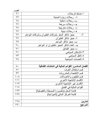 ‫الفهرس‬
1-‫نشاط‬‫الرحالت‬51
‫أ‬-‫رحالت‬‫زيارة‬‫المدينة‬52
‫ب‬-‫رحالت‬‫داخلية‬51
‫ج‬-‫رحالت‬‫سري‬‫عة‬55
‫د‬-‫رحالت‬‫خارجية‬55
‫ه‬-‫رحالت‬‫دينية‬55
2-‫حجز‬‫تذاكر‬‫السفر‬‫بشركات‬‫الطيران‬‫وشركات‬‫البواخر‬55
‫أ‬-‫حجز‬‫تذاكر‬‫الطيران‬55
‫ب‬-‫حجز‬‫تذاكر‬‫البواخر‬53
‫ج‬-‫الغاء‬‫تذاكر‬‫الحجز‬‫بالطيران‬‫او‬‫البواخر‬50
‫د‬-‫حجز‬‫الفنادق‬51
5-‫اإلسكان‬‫السياحي‬51
1-‫النق‬‫ل‬‫السياحي‬55
3-‫الخدمات‬‫السياحية‬51
‫الفصل‬:‫السادس‬‫القوائم‬‫المالية‬‫في‬‫المنشأت‬‫الفندقية‬30
‫الغرف‬ ‫استغالل‬ ‫قسم‬31
‫والمشروبات‬ ‫األطعمة‬ ‫قسم‬32
‫واالتصاالت‬ ‫التليفون‬ ‫قسم‬101
‫األخرى‬ ‫اإلنتاجية‬ ‫األقسام‬111
‫األخرى‬ ‫اإلنتاجية‬ ‫غير‬ ‫األقسام‬115
‫الف‬ ‫في‬ ‫المالية‬ ‫القوائم‬‫ندق‬115
)‫والتفصلية‬ ‫المبسطة‬ ‫(بالصورة‬ ‫الدخل‬ ‫قائمة‬125
)‫(الميزانية‬ ‫المالي‬ ‫المركز‬ ‫قائمة‬125
‫تمارين‬123
‫المراجع‬150
 