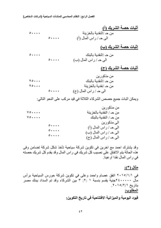 ‫الفصل‬‫الرابع‬:‫النظام‬‫المحاسبي‬‫للمنشآت‬‫السياحية‬(‫شركات‬‫اشخاص‬)
12
)‫(أ‬ ‫الشريك‬ ‫حصة‬ ‫أثبات‬
03333
03333
‫بالخزينة‬ ‫/النقدية‬ ‫حـ‬ ‫من‬
)‫(أ‬ ‫المال‬ ‫راس‬ / ‫حـ‬ ‫الى‬
)‫(ب‬ ‫الشريك‬ ‫حصة‬ ‫إثبات‬
03333
03333
‫بالبنك‬ ‫/النقدية‬ ‫حـ‬ ‫من‬
‫را‬ / ‫حـ‬ ‫الى‬)‫(ب‬ ‫المال‬ ‫س‬
)‫(ج‬ ‫الشريك‬ ‫حصة‬ ‫أثبات‬
20333
20333
03333
‫مذكورين‬ ‫من‬
‫بالبنك‬ ‫/النقدية‬ ‫حـ‬ ‫من‬
‫بالخزينة‬ ‫/نقدية‬ ‫حـ‬ ‫من‬
( ‫المال‬ ‫راس‬ / ‫حـ‬ ‫الى‬)‫ج‬
‫الثالثة‬ ‫الشركاء‬ ‫حصص‬ ‫جميع‬ ‫اثبات‬ ‫ويمكن‬‫في‬‫النحو‬ ‫على‬ ‫مركب‬ ‫قيد‬:‫التالي‬
003333
003333
03333
03333
03333
‫م‬ ‫من‬‫ذكورين‬
‫بالخزينة‬ ‫النقدية‬ / ‫حـ‬ ‫من‬
‫بالبنك‬ ‫النقدية‬ / ‫حـ‬ ‫من‬
‫مذكورين‬ ‫الى‬
‫حـ‬ ‫الى‬‫راس‬ /)‫(أ‬ ‫المال‬
‫حـ‬ ‫الى‬‫راس‬ /)‫(ب‬ ‫المال‬
‫حـ‬ ‫الى‬‫راس‬ /)‫(ج‬ ‫المال‬
‫وفى‬ ‫تضامن‬ ‫شركة‬ ‫شكل‬ ‫تأخذ‬ ‫سياحية‬ ‫شركة‬ ‫تكوين‬ ‫في‬ ‫اخرين‬ ‫مع‬ ‫احمد‬ ‫يشترك‬ ‫وقد‬
‫راس‬ ‫في‬ ‫شريك‬ ‫كل‬ ‫نصيب‬ ‫على‬ ‫االتفاق‬ ‫يتم‬ ‫الحالة‬ ‫هذه‬‫حصته‬ ‫شريك‬ ‫كل‬ ‫يقدم‬ ‫وقد‬ ‫المال‬
.‫اوعينا‬ ‫نقدا‬ ‫المال‬ ‫راس‬ ‫في‬
( ‫مثال‬3):
‫في‬1/1/2310‫واحمد‬ ‫عصام‬ ‫اتفق‬‫و‬‫على‬‫في‬‫برأس‬ ‫السياحية‬ ‫حورس‬ ‫شركة‬ ‫تكوين‬
‫مال‬2433333‫جنية‬‫يقسم‬‫بنسبة‬1:2:3‫مصر‬ ‫ببنك‬ ‫السداد‬ ‫تم‬ ‫وقد‬ ‫الشركاء‬ ‫بين‬
‫بتاريخ‬1/2/2310.
‫المطلوب‬:
‫اال‬ ‫والميزانية‬ ‫اليومية‬ ‫قيود‬:‫التكوين‬ ‫تاريخ‬ ‫في‬ ‫فتتاحية‬
 