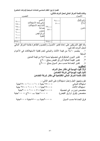 ‫الفصل‬‫الرابع‬:‫النظام‬‫المحاسبي‬‫للمنشآت‬‫السياحية‬(‫شركات‬‫اشخاص‬)
31
‫لمحل‬ ‫المالي‬ ‫المركز‬ ‫قائمة‬ ‫وكانت‬‫أشرف‬:‫كاالتي‬
‫األصول‬‫الخصوم‬
0333
0033
2033
0033
0333
1333
4333
‫أراضي‬
)‫االستهالك‬ ‫(بعد‬ ‫مباني‬
)‫االستهالك‬ ‫(بعد‬ ‫أثاث‬
‫بضاعة‬
‫مدينون‬
‫أوراق‬‫قيض‬
‫النقدية‬
20333
0033
24333
0333
‫المال‬ ‫راس‬
‫إرباح‬
‫دائنون‬
30033 30033
‫المالي‬ ‫المركز‬ ‫بقائمة‬ ‫الظاهرة‬ ‫والخصوم‬ ‫األصول‬ ‫تقدير‬ ‫إعادة‬ ‫على‬ ‫الشريكين‬ ‫اتفق‬ ‫وقد‬
‫لمحل‬‫أشرف‬‫كما‬:‫يلي‬
1.‫يخصم‬13%‫االستهالكات‬ ‫كفاية‬ ‫لعدم‬ ‫والمباني‬ ‫األثاث‬ ‫قيمة‬ ‫من‬‫في‬‫األعوام‬
‫السابقة‬
2.‫بنسبة‬ ‫تحصيلها‬ ‫في‬ ‫المشكوك‬ ‫الديون‬ ‫تقدير‬0%‫المدنين‬ ‫قيمة‬ ‫من‬
3.‫بمبلغ‬ ‫القبض‬ ‫ألوراق‬ ‫الحالية‬ ‫القيمة‬ ‫تقدير‬033‫ج‬
4.‫بمبلغ‬ ‫السوق‬ ‫سعر‬ ‫حسب‬ ‫البضاعة‬ ‫تقدير‬0333‫ج‬
‫المطلوب‬
:‫أوال‬‫اليومية‬ ‫قيود‬‫في‬‫محل‬ ‫دفاتر‬‫أشرف‬
:‫ثانيا‬‫اليومية‬ ‫قيود‬‫في‬‫التضامن‬ ‫شركة‬
:‫ثالثا‬‫االفتتاحية‬ ‫المالي‬ ‫المركز‬ ‫قائمة‬‫في‬‫التضامن‬ ‫شركة‬ ‫دفاتر‬
‫(عمل‬ ‫الحل‬ ‫بتجهيز‬ ‫نقوم‬)‫استهالك‬‫النحو‬ ‫على‬:‫التالي‬-
‫المباني‬ ‫استهالك‬=0033‫ج‬‫نية‬×13÷133=003‫ج‬‫نية‬
‫ا‬ ‫استهالك‬‫ألثاث‬=2033‫ج‬‫نية‬×13÷133=203‫جنية‬
.‫م‬ ‫ديون‬ ‫مخصص‬‫في‬‫تحصيله‬=0333‫ج‬‫نية‬×0÷133=333‫ج‬‫نية‬
‫مخصص‬‫اوارق‬ ‫(فرق‬)‫القبض‬=1333‫ج‬‫نية‬‫ــــ‬033= ‫ج‬133‫ج‬‫نية‬
‫السوق‬ ‫حسب‬ ‫البضاعة‬ ‫فرق‬=0333‫ج‬‫نية‬‫ــــ‬0033‫ج‬‫نية‬=033‫ج‬‫نية‬
 