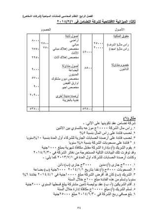 ‫الفصل‬‫الرابع‬:‫النظام‬‫المحاسبي‬‫للمنشآت‬‫السياحية‬(‫شركات‬‫اشخاص‬)
31
:‫ثالثا‬‫الميزانية‬‫االفتتاحية‬‫لشركة‬‫التضامن‬‫في‬9/2/2094
‫األصول‬‫الخصوم‬
0333
0003
2203
0333
0033
033
23033
0033
003
‫ثابتة‬ ‫أصول‬
‫أراضي‬
‫مباني‬
‫مباني‬ ‫إهالك‬ ‫مخصص‬
‫األثاث‬
‫أثاث‬ ‫إهالك‬ ‫مخصص‬
‫متداولة‬ ‫أصول‬
‫البضاعة‬
‫المدينون‬
‫مشكوك‬ ‫ديون‬ ‫مخصص‬
‫القبض‬ ‫اوارق‬
‫اجيو‬ ‫مخصص‬
‫أخرى‬ ‫مدينة‬ ‫أرصدة‬
‫بالخزينة‬ ‫نقدية‬
40333
0033
20333
23333
‫الملكية‬ ‫حقوق‬
)‫اشرف‬ (‫مال‬ ‫راس‬
)‫امجد‬ (‫مال‬ ‫راس‬
‫متداولة‬ ‫خصوم‬
‫الدائنون‬
03033 03033
‫مثال‬(0)
‫على‬ ‫تكوينها‬ ‫عقد‬ ‫تضامن‬ ‫شركة‬:‫اآلتي‬-
1.‫الشركة‬ ‫مال‬ ‫راس‬13333‫االثنين‬ ‫بين‬ ‫بالتساوي‬ ‫موزعه‬ ‫ج‬
2.‫بنسبة‬ ‫المال‬ ‫راس‬ ‫على‬ ‫فائدة‬ ‫تحسب‬0%
3.‫تحسب‬‫بنسبة‬ ‫المدة‬ ‫أول‬ ‫للشركاء‬ ‫الجارية‬ ‫الحسابات‬ ‫أرصدة‬ ‫على‬ ‫فائدة‬13%‫سنويا‬
4.‫بنسبة‬ ‫الشركة‬ ‫مسحوبات‬ ‫على‬ ‫فائدة‬ "0%‫سنويا‬
0.‫الشرك‬ ‫بإدارة‬ )‫(أ‬ ‫الشريك‬ ‫يقوم‬‫بمبلغ‬ ‫شهرية‬ ‫مكافأة‬ ‫مقابل‬ ‫ة‬1333‫جنية‬
‫في‬ ‫الشركة‬ ‫دفاتر‬ ‫من‬ ‫المستخرجة‬ ‫التالية‬ ‫البيانات‬ ‫تلك‬ ‫توفرت‬ ‫وقد‬33/0/2314
‫أرصدة‬ ‫وكانت‬‫للشركاء‬ ‫الحسابات‬‫ا‬‫في‬ ‫المدة‬ ‫ول‬1/0/2313‫كما‬:‫يلي‬-
1.2333‫مدين‬ )‫(أ‬ ‫جارى‬ ‫ج‬3333‫دائن‬ )‫(ب‬ ‫جارى‬ ‫ج‬
2.‫المسحوبات‬0333)‫(أ‬ ‫ج‬‫بتاريخ‬ ‫نقدا‬1/1/23140333‫ج‬‫نية‬‫بضاعة‬ )‫(ب‬
3.‫قد‬ ‫كان‬ )‫(ب‬ ‫الشريك‬‫أقرض‬‫مبلغ‬ ‫الشركة‬13333‫ج‬‫نية‬‫في‬1/4/2314‫بفائدة‬0%
‫مبلغ‬ ‫الفائدة‬ ‫هذه‬ ‫من‬ ‫وتسلم‬ ‫سنويا‬133‫السنة‬ ‫خالل‬ ‫ج‬
4.( ‫الشريكين‬ ‫أقام‬،‫أ‬‫ب‬‫ا‬ ‫قسطها‬ ‫يبلغ‬ ‫مشتركة‬ ‫تامين‬ ‫بوليصة‬ ‫عقد‬ )‫لسنوي‬2333‫جنية‬
0.‫مبلغ‬ )‫(أ‬ ‫الشريك‬ ‫تسلم‬13333‫السنة‬ ‫خالل‬ ‫إدارة‬ ‫مكافأة‬ ‫ج‬
0.‫بلغ‬‫صافي‬‫الشركة‬ ‫ربح‬‫في‬33/0/2314‫مبلغ‬20333‫جنية‬
 