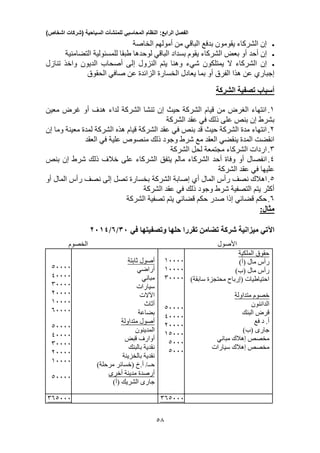 ‫الفصل‬‫الرابع‬:‫النظام‬‫المحاسبي‬‫للمنشآت‬‫السياحية‬(‫شركات‬‫اشخاص‬)
33
‫الخاصة‬ ‫أمولهم‬ ‫من‬ ‫الباقي‬ ‫بدفع‬ ‫يقومون‬ ‫الشركاء‬ ‫إن‬
‫إن‬‫أحد‬‫التضامنية‬ ‫للمسئولية‬ ‫طبقا‬ ‫لوحدها‬ ‫الباقي‬ ‫بسداد‬ ‫يقوم‬ ‫الشركاء‬ ‫بعض‬ ‫أو‬
‫الشركاء‬ ‫إن‬‫يمتلكو‬ ‫ال‬‫ن‬‫شي‬‫ء‬‫إ‬ ‫النزول‬ ‫يتم‬ ‫وهنا‬‫تنازل‬ ‫واخذ‬ ‫الديون‬ ‫أصحاب‬ ‫لى‬
‫إجباري‬‫عن‬ ‫الزائدة‬ ‫الخسارة‬ ‫يعادل‬ ‫بما‬ ‫أو‬ ‫الفرق‬ ‫هذا‬ ‫عن‬‫صافي‬‫الحقوق‬
‫الشركة‬ ‫تصفية‬ ‫أسباب‬
1.‫معين‬ ‫غرض‬ ‫أو‬ ‫هدف‬ ‫لداء‬ ‫الشركة‬ ‫تنشا‬ ‫إن‬ ‫حيث‬ ‫الشركة‬ ‫قيام‬ ‫من‬ ‫الغرض‬ ‫انتهاء‬
‫الشركة‬ ‫عقد‬ ‫في‬ ‫ذلك‬ ‫على‬ ‫بنص‬ ‫إن‬ ‫بشرط‬
2.‫الش‬ ‫عقد‬ ‫في‬ ‫بنص‬ ‫قد‬ ‫حيث‬ ‫الشركة‬ ‫مدة‬ ‫انتهاء‬‫إن‬ ‫وما‬ ‫معينة‬ ‫لمدة‬ ‫الشركة‬ ‫هذه‬ ‫قيام‬ ‫ركة‬
‫العقد‬ ‫في‬ ‫علية‬ ‫منصوص‬ ‫ذلك‬ ‫وجود‬ ‫شرط‬ ‫مع‬ ‫العقد‬ ‫ينقضي‬ ‫المدة‬ ‫انقضت‬
3.‫الشركة‬ ‫لحل‬ ‫مجتمعة‬ ‫الشركاء‬ ‫اردات‬
4.‫وفاة‬ ‫أو‬ ‫انفصال‬‫أحد‬‫بنص‬ ‫إن‬ ‫شرط‬ ‫ذلك‬ ‫خالف‬ ‫على‬ ‫الشركاء‬ ‫يتفق‬ ‫مالم‬ ‫الشركاء‬
‫الشركة‬ ‫عقد‬ ‫في‬ ‫عليها‬
0.‫ا‬‫المال‬ ‫رأس‬ ‫نصف‬ ‫هالك‬‫أي‬‫الشركة‬ ‫إصابة‬‫أو‬ ‫المال‬ ‫رأس‬ ‫نصف‬ ‫إلى‬ ‫تصل‬ ‫بخسارة‬
‫الشركة‬ ‫عقد‬ ‫في‬ ‫ذلك‬ ‫وجود‬ ‫شرط‬ ‫التصفية‬ ‫يتم‬ ‫أكثر‬
0.‫حكم‬‫إذا‬ ‫قضائي‬‫الشركة‬ ‫تصفية‬ ‫يتم‬ ‫قضائي‬ ‫حكم‬ ‫صدر‬
:‫مثال‬
‫اآلتي‬‫في‬ ‫وتصفيتها‬ ‫حلها‬ ‫تقررا‬ ‫تضامن‬ ‫شركة‬ ‫ميزانية‬31/0/2115
‫األصول‬‫الخصوم‬
03333
43333
33333
23333
13333
03333
03333
43333
33333
23333
13333
03333
‫ثابتة‬ ‫أصول‬
‫أراضي‬
‫مباني‬
‫سيارات‬
‫اآلالت‬
‫أثاث‬
‫بضاعة‬
‫متداولة‬ ‫أصول‬
‫المدينون‬
‫قبض‬ ‫أوارف‬
‫بالبنك‬ ‫نقدية‬
‫بالخزينة‬ ‫نقدية‬
‫(خسائر‬ ‫أ.خ‬ /‫حــ‬)‫مرحلة‬
‫مدين‬ ‫أرصدة‬‫أخرى‬ ‫ة‬
)‫(أ‬ ‫الشريك‬ ‫جارى‬
13333
13333
33333
03333
43333
23333
10333
0333
0333
‫الملكية‬ ‫حقوق‬
)‫(أ‬ ‫مال‬ ‫رأس‬
)‫(ب‬ ‫مال‬ ‫رأس‬
)‫سابقة‬ ‫محتجزة‬ ‫(إرباح‬ ‫احتياطيات‬
‫متداولة‬ ‫خصوم‬
‫الدائنون‬
‫البنك‬ ‫قرض‬
‫فع‬ ‫د‬ .‫أ‬
)‫(ب‬ ‫جارى‬
‫مباني‬ ‫إهالك‬ ‫مخصص‬
‫سيارات‬ ‫إهالك‬ ‫مخصص‬
300333 300333
 