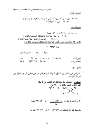 ‫الفصل‬‫الخامس‬:‫النظام‬‫المحاسبي‬(‫ألنشطة‬‫المنشآت‬‫السياحية‬)
55
‫المصروفات‬:
23100‫من‬‫ح‬/‫رحلة‬‫زيارة‬‫المناطق‬‫السياح‬‫ية‬‫بالقاهرة‬‫مجموعة‬(-)
23100‫الى‬‫ح‬‫البنك‬ ‫نقدية‬ /
‫ر‬‫بح‬‫الرحلة‬:
10000–23100=11300‫جنية‬
11300‫من‬‫ح‬‫رحلة‬ /‫زيارة‬‫المناطق‬‫السياحية‬‫بالقاهرة‬
11300‫الى‬‫ح‬‫ال‬ ‫مدينة‬ ‫رحلة‬ ‫إيرادات‬ /‫قاهرة‬
‫زيارة‬ ‫رحلة‬ ‫ومصروفات‬ ‫إيرادات‬ ‫عن‬ ‫تقرير‬‫بالقاهرة‬ ‫السياحية‬ ‫المناطق‬
‫يوم‬2/1/2095
‫جنية‬%‫للفرد‬ ‫المتوسط‬
‫اإليرادات‬200×200=10000100%200
‫المصروفات‬2310052.53%123.3
‫مثال‬(2):
‫افتراض‬‫أرباح‬ ‫تحقيق‬ ‫في‬ ‫ترغب‬ ‫السياحية‬ ‫الشركة‬ ‫السابق‬ ‫ان‬ ‫المثال‬ ‫في‬23%‫من‬
.‫الرحلة‬ ‫إيرادات‬
‫المطلوب‬‫الرحلة‬ ‫في‬ ‫الطالب‬ ‫اشتراك‬ ‫متوسط‬ ‫احتساب‬ :
‫اإليرادات‬-= ‫المصروفات‬‫األرباح‬
900%-05%=25%
‫؟‬25900
‫؞‬= ‫الرحلة‬ ‫إيرادات‬23100×100=55155‫جنية‬
05
= ‫الطالب‬ ‫اشتراك‬ ‫متوسط‬55155÷200=155.55‫تقريبا‬
 
