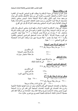 ‫الفصل‬‫الخامس‬:‫النظام‬‫المحاسبي‬(‫ألنشطة‬‫المنشآت‬‫السياحية‬)
55
‫ج‬-‫سريعة‬ ‫رحالت‬
‫تصل‬‫الفوج‬ ‫ويطلب‬ ‫اإلسكندرية‬ ‫مدينة‬ ‫الى‬ ‫سياحية‬ ‫أفواج‬‫السياحي‬‫التوجه‬‫الى‬‫القاهرة‬
‫والمتح‬ ‫االهرام‬ ‫لزيارة‬‫ف‬‫المصري‬‫ميناء‬ ‫في‬ ‫بالباخرة‬ ‫لاللتحاق‬ ‫بورسعيد‬ ‫الي‬ ‫والعودة‬
‫بور‬‫سعيد‬‫اليوم‬ ‫مساء‬‫التالي‬‫السياحة‬ ‫شركة‬ ‫وتقوم‬‫بإعداد‬‫اتوبيس‬‫سياحي‬‫وتشمل‬
‫المتحف‬ ‫دخول‬ ‫ورسوم‬ ‫االتوبيس‬ ‫اجرة‬ ‫الرحلة‬ ‫مصاريف‬‫المصري‬‫وقيمة‬ ‫واالهرامات‬
‫المرشد‬ ‫واجرة‬ ‫الغذائية‬ ‫الوجبات‬‫السياحي‬.‫الفوج‬ ‫في‬ ‫فرد‬ ‫كل‬ ‫اشتراك‬ ‫تحديد‬ ‫ويتم‬
‫مثال‬(4:)
‫ا‬ ‫الباخرة‬ ‫اإلسكندرية‬ ‫ميناء‬ ‫الي‬ ‫وصلت‬‫فوج‬ ‫وعليها‬ ‫لسالم‬‫سياحي‬‫أمريكي‬‫طلب‬ ‫وقد‬
‫من‬‫أحد‬‫الشركة‬ ‫وقامت‬ ‫اليوم‬ ‫نفس‬ ‫في‬ ‫والعودة‬ ‫القاهرة‬ ‫لزيارة‬ ‫رحلة‬ ‫السياحة‬ ‫شركات‬
‫عدد‬ ‫باستئجار‬3‫شركة‬ ‫من‬ ‫سيارات‬‫ب‬ ‫للسياحة‬ ‫مصر‬1200‫االتوبيس‬ ‫ايجار‬ ‫جنية‬
‫الشركة‬ ‫وعمولة‬ ‫اليوم‬ ‫في‬20%‫سددت‬ ‫كما‬‫للمرشدين‬ ‫المستحق‬‫بالقاهرة‬ ‫السياحين‬
‫وقد‬‫رة‬1300‫خصم‬ ‫بعد‬ ‫جنية‬10%‫وبلغت‬ ‫حرة‬ ‫مهن‬ ‫ضريبة‬‫المحصلة‬ ‫اإليرادات‬
‫السياحي‬ ‫الفوج‬ ‫من‬10000.‫جنية‬
‫؞‬‫للسياحة‬ ‫مصر‬ ‫لشركة‬ ‫المستحق‬
5000‫من‬‫ح‬‫رقم‬ ‫سريعة‬ ‫رحلة‬ /515
‫مذكورين‬ ‫الى‬
1300‫ح‬‫للسياحة‬ ‫مصر‬ ‫شركة‬ /
1200‫ح‬‫سيارات‬ ‫استئجار‬ ‫عملة‬ /
‫المستحق‬ ‫سداد‬
1300‫من‬‫ح‬‫للسياحة‬ ‫مصر‬ ‫شركة‬ /
1300‫الى‬‫ح‬‫بالبنك‬ ‫نقدية‬ /
‫للمرشدين‬ ‫المستحق‬‫السياح‬‫ين‬
1300‫من‬‫ح‬‫رقم‬ ‫سريعة‬ ‫رحلة‬ /515
‫مذكورين‬ ‫الى‬
1530‫ح‬‫المرشدين‬ /
130‫ح‬‫الحرة‬ ‫المهن‬ ‫ضريبة‬ /
‫إي‬ ‫صافى‬‫الرحلة‬ ‫رادات‬( ‫رقم‬190)
10000-5000-1300=2300‫جنية‬
2300‫من‬‫ح‬‫رقم‬ ‫سريعة‬ ‫رحلة‬ /515
2300‫الى‬‫ح‬‫سريعة‬ ‫رحالت‬ ‫إيرادات‬ /
‫تسدد‬ ‫ان‬ ‫يجب‬ ‫لألجانب‬ ‫تقدم‬ ‫التي‬ ‫السياحية‬ ‫الخدمات‬ ‫ان‬ ‫ويالحظ‬‫األجنبية‬ ‫بالعملة‬ ‫قيمتها‬
‫هذ‬ ‫وتدرج‬‫الخدمات‬ ‫ه‬‫السياحة‬ ‫وزارة‬ ‫الى‬ ‫تقدم‬ ‫التي‬ ‫السياحية‬ ‫الخدمات‬ ‫كشوف‬ ‫في‬
‫النقد‬ ‫مراقبة‬ ‫من‬ ‫اعتمادها‬ ‫وبعد‬ ‫النقد‬ ‫مراقبة‬ )‫(س‬ ‫االستمارة‬ ‫بيانات‬ ‫ضمن‬ ‫شهريا‬‫تقدم‬
‫بالجنية‬ ‫الستبدالها‬ ‫للبنك‬ ‫االستمارة‬ ‫حصيلة‬‫المصري‬‫سداد‬ ‫مذكرة‬ ‫تحرير‬ ‫مع‬
 