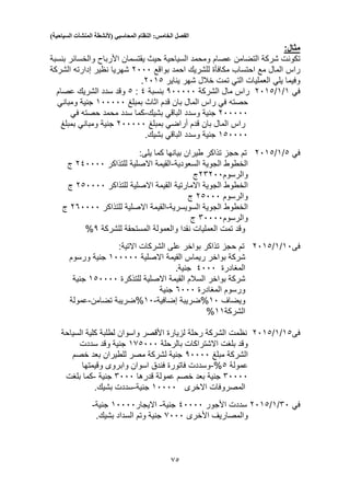 ‫الفصل‬‫الخامس‬:‫النظام‬‫المحاسبي‬(‫ألنشطة‬‫المنشآت‬‫السياحية‬)
53
:‫مثال‬
‫التضامن‬ ‫شركة‬ ‫تكونت‬‫عصام‬‫بنسبة‬ ‫والخسائر‬ ‫األرباح‬ ‫يقتسمان‬ ‫حيث‬ ‫السياحية‬ ‫ومحمد‬
‫راس‬‫بواقع‬ ‫احمد‬ ‫للشريك‬ ‫مكافأة‬ ‫احتساب‬ ‫مع‬ ‫المال‬2000‫نظير‬ ‫شهريا‬‫إدارته‬‫الشركة‬
‫وفيما‬‫يلي‬‫يناير‬ ‫شهر‬ ‫خالل‬ ‫تمت‬ ‫التي‬ ‫العمليات‬2013.
‫في‬1/1/2013‫الشركة‬ ‫مال‬ ‫راس‬300000‫بنسبة‬1:3‫عصام‬ ‫الشريك‬ ‫سدد‬ ‫وقد‬
‫حصته‬‫بمبلغ‬ ‫اثاث‬ ‫قدم‬ ‫بان‬ ‫المال‬ ‫راس‬ ‫في‬100000‫جنية‬‫ومباني‬
200000‫جنية‬‫وسدد‬‫الباقي‬‫بشيك‬-‫محمد‬ ‫سدد‬ ‫كما‬‫حصته‬‫في‬
‫قدم‬ ‫بان‬ ‫المال‬ ‫راس‬‫أراضي‬‫بمبلغ‬200000‫جنية‬‫ومباني‬‫بمبلغ‬
130000‫وسدد‬ ‫جنية‬‫الباقي‬.‫بشيك‬
‫في‬3/1/2013:‫يلى‬ ‫كما‬ ‫بيانها‬ ‫طيران‬ ‫تذاكر‬ ‫حجز‬ ‫تم‬
‫الجوية‬ ‫الخطوط‬‫السعودية‬-‫للتذاكر‬ ‫االصلية‬ ‫القيمة‬210000‫ج‬
‫والرسوم‬25200‫ج‬
‫الخطوط‬‫الجوية‬‫للتذاكر‬ ‫االصلية‬ ‫القيمة‬ ‫االمارتية‬230000‫ج‬
‫والرسوم‬23000‫ج‬
‫ا‬ ‫الجوية‬ ‫الخطوط‬‫لسويسرية‬-‫للتذاكر‬ ‫االصلية‬ ‫القيمة‬250000‫ج‬
‫والرسوم‬50000‫ج‬
‫للشركة‬ ‫المستحقة‬ ‫والعمولة‬ ‫نقدا‬ ‫العمليات‬ ‫تمت‬ ‫وقد‬3%
‫فى‬10/1/2013:‫االتية‬ ‫الشركات‬ ‫على‬ ‫بواخر‬ ‫تذاكر‬ ‫حجز‬ ‫تم‬
‫االصلية‬ ‫القيمة‬ ‫ريماس‬ ‫بواخر‬ ‫شركة‬100000‫جنية‬‫ورسوم‬
‫المغادرة‬1000.‫جنية‬
‫للتذكرة‬ ‫االصلية‬ ‫القيمة‬ ‫السالم‬ ‫بواخر‬ ‫شركة‬130000‫جنية‬
‫المغادرة‬ ‫ورسوم‬5000‫جنية‬
‫ويضاف‬10%‫إضافية‬ ‫ضريبة‬-10%‫تضامن‬ ‫ضريبة‬-‫عمولة‬
‫الشركة‬11%
‫فى‬13/1/2013‫لزيارة‬ ‫رحلة‬ ‫الشركة‬ ‫نظمت‬‫السياحة‬ ‫كلية‬ ‫لطلبة‬ ‫واسوان‬ ‫األقصر‬
‫بالرحلة‬ ‫االشتراكات‬ ‫بلغت‬ ‫وقد‬153000‫سددت‬ ‫وقد‬ ‫جنية‬
‫مبلغ‬ ‫الشركة‬30000‫خصم‬ ‫بعد‬ ‫للطيران‬ ‫مصر‬ ‫لشركة‬ ‫جنية‬
‫عمولة‬3%-‫وقيمتها‬ ‫وابروى‬ ‫اسوان‬ ‫فندق‬ ‫فاتورة‬ ‫وسددت‬
50000‫عمولة‬ ‫خصم‬ ‫بعد‬ ‫جنية‬‫قدرها‬5000‫جنية‬-‫بلغت‬ ‫كما‬
‫االخرى‬ ‫المصروفات‬10000‫جنية‬-.‫بشيك‬ ‫سددت‬
‫في‬50/1/2013‫األجور‬ ‫سددت‬10000‫جنية‬-‫االيجار‬10000‫جنية‬-
‫والم‬‫األخرى‬ ‫صاريف‬5000.‫بشيك‬ ‫السداد‬ ‫وتم‬ ‫جنية‬
 
