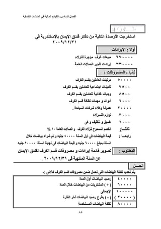 ‫الفصل‬‫السادس‬:‫القوائم‬‫المالية‬‫في‬‫المنشأت‬‫الفندقية‬
33
‫ل‬ ‫ـــــــ‬) ‫ل‬ ‫ـــــــ‬٢ )٢:(:(
‫ر‬ ‫ن‬ ‫ا‬ ‫ق‬ ‫ﺕ‬ ‫د‬ ‫ا‬ ‫ة‬ ‫رﺹ‬ ‫ا‬ ‫ا‬‫ر‬ ‫ن‬ ‫ا‬ ‫ق‬ ‫ﺕ‬ ‫د‬ ‫ا‬ ‫ة‬ ‫رﺹ‬ ‫ا‬ ‫ا‬
٣١/٣١١٢//١٢٢ /٢٠٠٩٠٠٩
‫أو‬: ‫أو‬‫ادات‬ ‫ا‬ :‫ادات‬ ‫ا‬
٦٧٠٠٠٠٦٧٠٠٠٠‫ة‬ ‫ف‬ ‫ت‬‫ة‬ ‫ف‬ ‫ت‬‫ء‬‫ء‬
٣٣٠٠٠٠٣٣٠٠٠٠‫ا‬ ‫ت‬ ‫ا‬ ‫ﺕ‬ ‫ادات‬ ‫إ‬‫ا‬ ‫ت‬ ‫ا‬ ‫ﺕ‬ ‫ادات‬ ‫إ‬
‫ﻥ‬ ‫ﺙ‬: ‫ﻥ‬ ‫ﺙ‬‫ت‬ ‫و‬ ‫ا‬ :: ‫ت‬ ‫و‬ ‫ا‬:
٥٠٠٠٠٥٠٠٠٠‫ف‬ ‫ا‬ ‫ا‬ ‫ت‬ ‫ﺕ‬‫ف‬ ‫ا‬ ‫ا‬ ‫ت‬ ‫ﺕ‬
٧٥٠٠٧٥٠٠‫ف‬ ‫ا‬ ‫ا‬ ‫ت‬ ‫ﺕ‬‫ف‬ ‫ا‬ ‫ا‬ ‫ت‬ ‫ﺕ‬
٨٥٠٠٨٥٠٠‫ف‬ ‫ا‬ ‫اﺉ‬ ‫ت‬ ‫و‬‫ف‬ ‫ا‬ ‫اﺉ‬ ‫ت‬ ‫و‬
٦٠٠٠٦٠٠٠‫ف‬ ‫ا‬ ‫ﻥ‬ ‫ت‬ ‫و‬ ‫أدوات‬‫ف‬ ‫ا‬ ‫ﻥ‬ ‫ت‬ ‫و‬ ‫أدوات‬
٢٠٠٠٠٢٠٠٠٠‫ﺡ‬ ‫ا‬ ‫ت‬ ‫آ‬ ‫ﺵ‬ ‫ء‬ ‫وآ‬. ‫ﺡ‬ ‫ا‬ ‫ت‬ ‫آ‬ ‫ﺵ‬ ‫ء‬ ‫وآ‬.
٣٠٠٠٣٠٠٠‫ء‬ ‫ـــ‬ ‫ا‬ ‫ازم‬‫ء‬ ‫ـــ‬ ‫ا‬ ‫ازم‬
٢٠٠٠٢٠٠٠‫آ‬ ‫و‬ ‫ﺕ‬ ‫و‬‫آ‬ ‫و‬ ‫ﺕ‬ ‫و‬
‫ـــ‬ ‫ﺙ‬: ‫ـــ‬ ‫ﺙ‬:‫ح‬ ‫ا‬ ‫ا‬‫ف‬ ‫ا‬ ‫ء‬ ‫ح‬ ‫ا‬ ‫ا‬‫ف‬ ‫ا‬ ‫ء‬‫ا‬ ‫ت‬ ‫ا‬ ‫و‬١٠ ‫ا‬ ‫ت‬ ‫ا‬ ‫و‬١٠%%
‫ـــ‬ ‫را‬‫ـــ‬ ‫را‬::‫أول‬ ‫ت‬ ‫ﺽ‬ ‫ا‬‫أول‬ ‫ت‬ ‫ﺽ‬ ‫ا‬‫ا‬‫ا‬٤٠٠٠٠٤٠٠٠٠‫ل‬ ‫ﺥ‬ ‫ت‬ ‫ﺽ‬ ‫اء‬ ‫ﺵ‬ ‫ﺕ‬ ‫و‬‫ل‬ ‫ﺥ‬ ‫ت‬ ‫ﺽ‬ ‫اء‬ ‫ﺵ‬ ‫ﺕ‬ ‫و‬
‫ا‬٦٠٠٠٠ ‫ا‬٦٠٠٠٠‫ا‬ ‫ﻥ‬ ‫ت‬ ‫ﺽ‬ ‫ا‬ ‫و‬٢٠٠٠٠ ‫ا‬ ‫ﻥ‬ ‫ت‬ ‫ﺽ‬ ‫ا‬ ‫و‬٢٠٠٠٠
‫ب‬ ‫ا‬: ‫ب‬ ‫ا‬:‫ن‬ ‫ا‬ ‫ق‬ ‫ف‬ ‫ا‬ ‫ت‬ ‫و‬ ‫و‬ ‫ادات‬ ‫إ‬ ‫ﺉ‬ ‫ﺕ‬‫ن‬ ‫ا‬ ‫ق‬ ‫ف‬ ‫ا‬ ‫ت‬ ‫و‬ ‫و‬ ‫ادات‬ ‫إ‬ ‫ﺉ‬ ‫ﺕ‬
‫ا‬ ‫ا‬٣١ ‫ا‬ ‫ا‬/٣١١٢//١٢٢٠٠٩/٢٠٠٩..
‫ــــ‬ ‫ا‬‫ــــ‬ ‫ا‬
‫ﺕ‬‫ﺕ‬‫ﺽ‬ ‫ﺕ‬ ‫ا‬ ‫ت‬ ‫ﺽ‬ ‫ا‬ ‫ﺕ‬‫ف‬ ‫ا‬ ‫ت‬ ‫و‬ ‫ﺽ‬ ‫ﺕ‬ ‫ا‬ ‫ت‬ ‫ﺽ‬ ‫ا‬ ‫ﺕ‬‫ﺕ‬ ‫آ‬ ‫ف‬ ‫ا‬ ‫ت‬ ‫و‬: ‫ﺕ‬ ‫آ‬-:-
٤٠٠٠٠٤٠٠٠٠‫ة‬ ‫ا‬ ‫أول‬ ‫ت‬ ‫ﺽ‬ ‫ا‬ ‫رﺹ‬‫ة‬ ‫ا‬ ‫أول‬ ‫ت‬ ‫ﺽ‬ ‫ا‬ ‫رﺹ‬
٦٠٠٠٠٦٠٠٠٠( + )‫ة‬ ‫ا‬ ‫ل‬ ‫ﺥ‬ ‫ت‬ ‫ﺽ‬ ‫ا‬ ‫ت‬ ‫ا‬ ( + )‫ة‬ ‫ا‬ ‫ل‬ ‫ﺥ‬ ‫ت‬ ‫ﺽ‬ ‫ا‬ ‫ت‬ ‫ا‬
١٠٠٠٠٠١٠٠٠٠٠‫ا‬‫ا‬
)٢٠٠٠٠ )٢٠٠٠٠(()‫ــ‬ )( ‫ــ‬‫ة‬ ‫ا‬ ‫أﺥ‬ ‫ت‬ ‫ﺽ‬ ‫ا‬ ‫رﺹ‬ ‫ح‬ (‫ة‬ ‫ا‬ ‫أﺥ‬ ‫ت‬ ‫ﺽ‬ ‫ا‬ ‫رﺹ‬ ‫ح‬
٨٠٠٠٠٨٠٠٠٠‫ا‬ ‫ت‬ ‫ﺽ‬ ‫ا‬ ‫ﺕ‬‫ا‬ ‫ت‬ ‫ﺽ‬ ‫ا‬ ‫ﺕ‬
 
