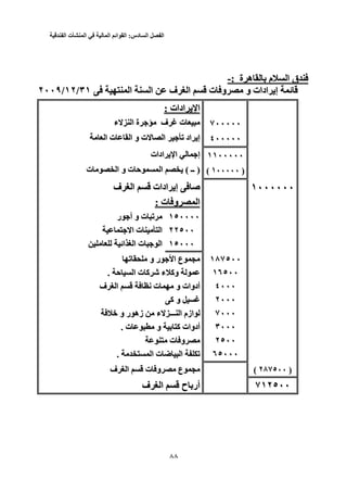 ‫الفصل‬‫السادس‬:‫القوائم‬‫المالية‬‫في‬‫المنشأت‬‫الفندقية‬
33
‫ة‬ ‫ه‬ ‫م‬ ‫ا‬ ‫ق‬: ‫ة‬ ‫ه‬ ‫م‬ ‫ا‬ ‫ق‬-:-
‫ا‬ ‫ا‬ ‫ف‬ ‫ا‬ ‫ت‬ ‫و‬ ‫و‬ ‫ادات‬ ‫إ‬ ‫ﺉ‬٣١ ‫ا‬ ‫ا‬ ‫ف‬ ‫ا‬ ‫ت‬ ‫و‬ ‫و‬ ‫ادات‬ ‫إ‬ ‫ﺉ‬/٣١١٢//١٢٢٠٠٩/٢٠٠٩
‫ادات‬ ‫ا‬‫ادات‬ ‫ا‬::
٧٠٠٠٠٠٧٠٠٠٠٠‫ء‬ ‫ا‬ ‫ة‬ ‫ف‬ ‫ت‬‫ء‬ ‫ا‬ ‫ة‬ ‫ف‬ ‫ت‬
٤٠٠٠٠٠٤٠٠٠٠٠‫ﺕ‬ ‫اد‬ ‫إ‬‫ا‬ ‫ت‬ ‫ا‬ ‫و‬ ‫ت‬ ‫ا‬ ‫ﺕ‬ ‫اد‬ ‫إ‬‫ا‬ ‫ت‬ ‫ا‬ ‫و‬ ‫ت‬ ‫ا‬
١١٠٠٠٠٠١١٠٠٠٠٠‫ادات‬ ‫ا‬ ‫إ‬‫ادات‬ ‫ا‬ ‫إ‬
)١٠٠٠٠٠ )١٠٠٠٠٠(()‫ــ‬ )( ‫ــ‬‫ت‬ ‫ا‬ ‫و‬ ‫ت‬ ‫ﺡ‬ ‫ا‬ (‫ت‬ ‫ا‬ ‫و‬ ‫ت‬ ‫ﺡ‬ ‫ا‬
١٠٠٠٠٠٠١٠٠٠٠٠٠‫ف‬ ‫ا‬ ‫ادات‬ ‫إ‬ ‫ﺹ‬‫ف‬ ‫ا‬ ‫ادات‬ ‫إ‬ ‫ﺹ‬
‫ت‬ ‫و‬ ‫ا‬: ‫ت‬ ‫و‬ ‫ا‬:
١٥٠٠٠٠١٥٠٠٠٠‫ر‬ ‫أ‬ ‫و‬ ‫ت‬ ‫ﺕ‬‫ر‬ ‫أ‬ ‫و‬ ‫ت‬ ‫ﺕ‬
٢٢٢٥٠٠٢٥٠٠‫ا‬ ‫ت‬ ‫ا‬‫ا‬ ‫ت‬ ‫ا‬
١٥٠٠٠١٥٠٠٠‫اﺉ‬ ‫ا‬ ‫ت‬ ‫ا‬‫اﺉ‬ ‫ا‬ ‫ت‬ ‫ا‬
١٨٧٥٠٠١٨٧٥٠٠‫ﺕ‬ ‫و‬ ‫ر‬ ‫ا‬ ‫ع‬‫ﺕ‬ ‫و‬ ‫ر‬ ‫ا‬ ‫ع‬
١٦٥٠٠١٦٥٠٠‫ﺡ‬ ‫ا‬ ‫ت‬ ‫آ‬ ‫ﺵ‬ ‫ء‬ ‫وآ‬. ‫ﺡ‬ ‫ا‬ ‫ت‬ ‫آ‬ ‫ﺵ‬ ‫ء‬ ‫وآ‬.
٤٠٠٠٤٠٠٠‫ف‬ ‫ا‬ ‫ﻥ‬ ‫ت‬ ‫و‬ ‫أدوات‬‫ف‬ ‫ا‬ ‫ﻥ‬ ‫ت‬ ‫و‬ ‫أدوات‬
٢٠٠٠٢٠٠٠‫آ‬ ‫و‬‫آ‬ ‫و‬
٧٠٠٠٧٠٠٠‫ﺥ‬ ‫و‬ ‫ر‬ ‫زه‬ ‫ء‬ ‫ـــ‬ ‫ا‬ ‫ازم‬‫ﺥ‬ ‫و‬ ‫ر‬ ‫زه‬ ‫ء‬ ‫ـــ‬ ‫ا‬ ‫ازم‬
٣٠٠٠٣٠٠٠‫و‬ ‫آ‬ ‫أدوات‬‫ت‬ ‫و‬ ‫آ‬ ‫أدوات‬. ‫ت‬.
٢٥٠٠٢٥٠٠‫ت‬ ‫و‬‫ت‬ ‫و‬
٦٥٠٠٠٦٥٠٠٠‫ا‬ ‫ت‬ ‫ﺽ‬ ‫ا‬ ‫ﺕ‬. ‫ا‬ ‫ت‬ ‫ﺽ‬ ‫ا‬ ‫ﺕ‬.
)٢٨٧٥٠٠ )٢٨٧٥٠٠((‫ف‬ ‫ا‬ ‫ت‬ ‫و‬ ‫ع‬‫ف‬ ‫ا‬ ‫ت‬ ‫و‬ ‫ع‬
٧١٢٥٠٠٧١٢٥٠٠‫ف‬ ‫ا‬ ‫ح‬ ‫أر‬‫ف‬ ‫ا‬ ‫ح‬ ‫أر‬
 