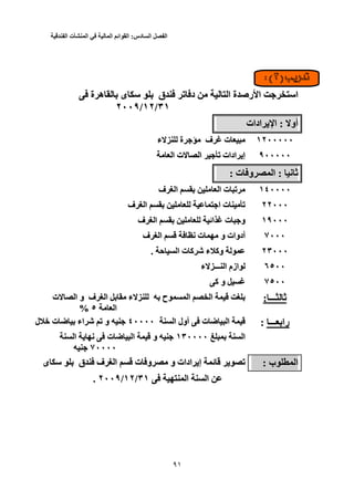 ‫الفصل‬‫السادس‬:‫القوائم‬‫المالية‬‫في‬‫المنشأت‬‫الفندقية‬
31
‫ﺕ‬ ‫د‬ ‫ا‬ ‫ة‬ ‫رﺹ‬ ‫ا‬ ‫ا‬‫ﺕ‬ ‫د‬ ‫ا‬ ‫ة‬ ‫رﺹ‬ ‫ا‬ ‫ا‬‫ة‬ ‫ه‬ ‫ى‬ ‫ق‬‫ة‬ ‫ه‬ ‫ى‬ ‫ق‬
٣١/٣١١٢//١٢٢٠٠٩/٢٠٠٩
‫أو‬: ‫أو‬‫ادات‬ ‫ا‬ :‫ادات‬ ‫ا‬
١٢٠٠٠٠٠١٢٠٠٠٠٠‫ة‬ ‫ف‬ ‫ت‬‫ء‬ ‫ة‬ ‫ف‬ ‫ت‬‫ء‬
٩٠٠٠٠٠٩٠٠٠٠٠‫ا‬ ‫ت‬ ‫ا‬ ‫ﺕ‬ ‫ادات‬ ‫إ‬‫ا‬ ‫ت‬ ‫ا‬ ‫ﺕ‬ ‫ادات‬ ‫إ‬
‫ﻥ‬ ‫ﺙ‬: ‫ﻥ‬ ‫ﺙ‬‫ت‬ ‫و‬ ‫ا‬ :: ‫ت‬ ‫و‬ ‫ا‬:
١٤٠٠٠٠١٤٠٠٠٠‫ف‬ ‫ا‬ ‫ا‬ ‫ت‬ ‫ﺕ‬‫ف‬ ‫ا‬ ‫ا‬ ‫ت‬ ‫ﺕ‬
٢٢٠٠٠٢٢٠٠٠‫ف‬ ‫ا‬ ‫ا‬ ‫ت‬ ‫ﺕ‬‫ف‬ ‫ا‬ ‫ا‬ ‫ت‬ ‫ﺕ‬
١٩٠٠٠١٩٠٠٠‫و‬‫ف‬ ‫ا‬ ‫اﺉ‬ ‫ت‬ ‫و‬‫ف‬ ‫ا‬ ‫اﺉ‬ ‫ت‬
٧٠٠٠٧٠٠٠‫ف‬ ‫ا‬ ‫ﻥ‬ ‫ت‬ ‫و‬ ‫أدوات‬‫ف‬ ‫ا‬ ‫ﻥ‬ ‫ت‬ ‫و‬ ‫أدوات‬
٢٣٠٠٠٢٣٠٠٠‫ﺡ‬ ‫ا‬ ‫ت‬ ‫آ‬ ‫ﺵ‬ ‫ء‬ ‫وآ‬. ‫ﺡ‬ ‫ا‬ ‫ت‬ ‫آ‬ ‫ﺵ‬ ‫ء‬ ‫وآ‬.
٦٥٠٠٦٥٠٠‫ء‬ ‫ـــ‬ ‫ا‬ ‫ازم‬‫ء‬ ‫ـــ‬ ‫ا‬ ‫ازم‬
٧٥٠٠٧٥٠٠‫آ‬ ‫و‬‫آ‬ ‫و‬
‫ـــ‬ ‫ﺙ‬: ‫ـــ‬ ‫ﺙ‬:‫ح‬ ‫ا‬ ‫ا‬‫ح‬ ‫ا‬ ‫ا‬‫ء‬‫ف‬ ‫ا‬ ‫ء‬‫ف‬ ‫ا‬‫ت‬ ‫ا‬ ‫و‬‫ت‬ ‫ا‬ ‫و‬
‫ا‬٥ ‫ا‬٥%%
‫ـــ‬ ‫را‬‫ـــ‬ ‫را‬::‫ﺽ‬ ‫ا‬‫أول‬ ‫ت‬ ‫ﺽ‬ ‫ا‬‫ا‬ ‫أول‬ ‫ت‬٤٠٠٠٠ ‫ا‬٤٠٠٠٠‫ل‬ ‫ﺥ‬ ‫ت‬ ‫ﺽ‬ ‫اء‬ ‫ﺵ‬ ‫ﺕ‬ ‫و‬‫ل‬ ‫ﺥ‬ ‫ت‬ ‫ﺽ‬ ‫اء‬ ‫ﺵ‬ ‫ﺕ‬ ‫و‬
‫ا‬١٣٠٠٠٠ ‫ا‬١٣٠٠٠٠‫ا‬ ‫ﻥ‬ ‫ت‬ ‫ﺽ‬ ‫ا‬ ‫و‬‫ا‬ ‫ﻥ‬ ‫ت‬ ‫ﺽ‬ ‫ا‬ ‫و‬
٧٠٠٠٠٧٠٠٠٠
‫ب‬ ‫ا‬: ‫ب‬ ‫ا‬:‫ى‬ ‫ق‬ ‫ف‬ ‫ا‬ ‫ت‬ ‫و‬ ‫و‬ ‫ادات‬ ‫إ‬ ‫ﺉ‬ ‫ﺕ‬‫ى‬ ‫ق‬ ‫ف‬ ‫ا‬ ‫ت‬ ‫و‬ ‫و‬ ‫ادات‬ ‫إ‬ ‫ﺉ‬ ‫ﺕ‬
‫ا‬ ‫ا‬٣١ ‫ا‬ ‫ا‬/٣١١٢//١٢٢٠٠٩/٢٠٠٩..
 