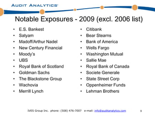 Notable Exposures - 2009 (excl. 2006 list)
•    E.S. Bankest                            •    Citibank
•    Satyam                                  •    Bear Stearns
•    Madoff/Arthur Nadel                     •    Bank of America
•    New Century Financial                   •    Wells Fargo
•    Moody’s                                 •    Washington Mutual
•    UBS                                     •    Sallie Mae
•    Royal Bank of Scotland                  •    Royal Bank of Canada
•    Goldman Sachs                           •    Societe Generale
•    The Blackstone Group                    •    State Street Corp
•    Wachovia                                •    Oppenheimer Funds
•    Merrill Lynch                           •    Lehman Brothers



         IVES Group Inc. phone: (508) 476-7007   e-mail: info@auditanalytics.com   8
 