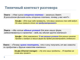Типичный контекст разговора
Омега – «Нам нужна отсрочка платежа – заказчики давят.
В российском филиале есть отсрочка платежа, почему у вас нет?»
Альфа– «Это еще надо проверить, что ваши заказчики так себя ведут.
Но наши правила этого не предусматривают»
Омега – «Мы хотим единых условий для всех наших фирм,
задействованных в проектах – ведь мы единая группа компаний»
Альфа– «Это невозможно. У нас разные условия для разных каналов
Продаж и каждую из ваших фирм мы будем рассматривать отдельно»
Омега – «Почему нужно повторять, что я хочу получать от вас новости
по продуктам и другим новостям компании»
Альфа (Сhannel manager) – «Ну это наши продакты… Я передам им
снова ваш привет»
 