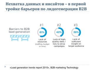 Нехватка данных и инсайтов – в первой
тройке барьеров по лидогенерации В2В
«Lead generation trends report 2015», B2B marketing Technology
 