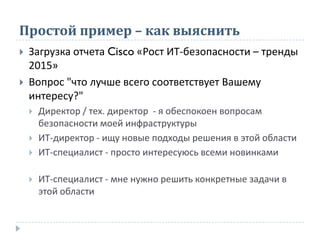 Простой пример – как выяснить
 Загрузка отчета Cisco «Рост ИТ-безопасности – тренды
2015»
 Вопрос "что лучше всего соответствует Вашему
интересу?"
 Директор / тех. директор - я обеспокоен вопросам
безопасности моей инфраструктуры
 ИТ-директор - ищу новые подходы решения в этой области
 ИТ-специалист - просто интересуюсь всеми новинками
 ИТ-специалист - мне нужно решить конкретные задачи в
этой области
 