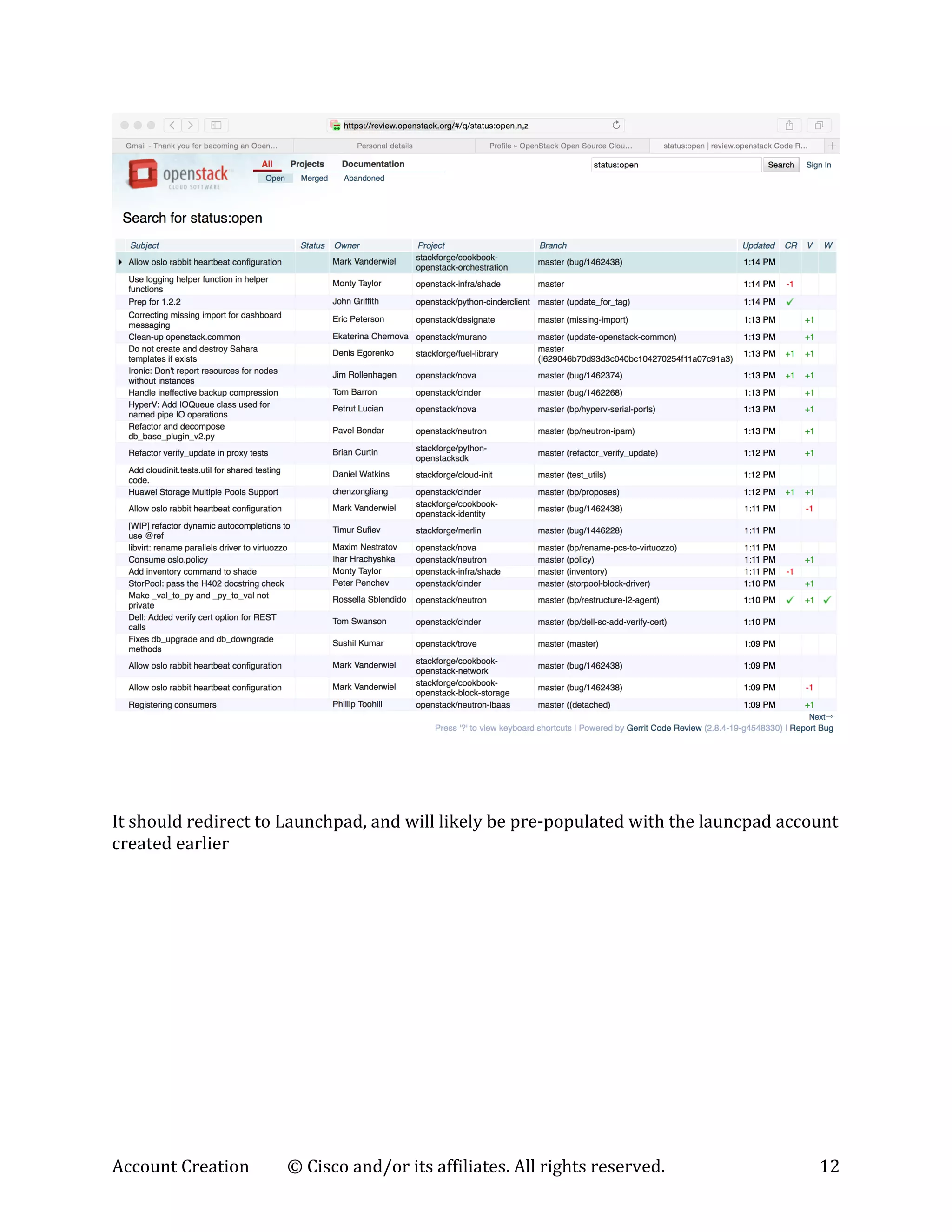 Account	
  Creation	
   ©	
  Cisco	
  and/or	
  its	
  affiliates.	
  All	
  rights	
  reserved.	
   12	
  
	
  
	
  
It	
  should	
  redirect	
  to	
  Launchpad,	
  and	
  will	
  likely	
  be	
  pre-­‐populated	
  with	
  the	
  launcpad	
  account	
  
created	
  earlier	
  
 