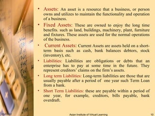 Assets:   An asset is a resource that a business, or person owns and utilizes to maintain the functionality and operation of a business.  Fixed Assets:   These are owned to enjoy the long time benefits.  such as land, buildings, machinery, plant, furniture and fixtures. These assets are used for the normal operations of the business. Current Assets:   Current Assets are assets held on a short-term basis such as cash, bank balances debtors, stock (inventory), etc. Liabilities:  Liabilities are obligations or debts that an enterprise has to pay at some time in the future. They represent creditors’ claims on the firm’s assets. Long term Liabilities:  Long-term liabilities are those that are usually payable after a period of  one year such Term Loan from a bank. Short Term Liabilities:  these are payable within a period of one year, for example, creditors, bills payable, bank overdraft. 