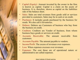Capital (Equity):   Amount invested by the owner in the firm is known as capital. Capital is a claim on the assets of business. It is, therefore, shown as capital on the liabilities side of the balance sheet.  Sales:   Sales are total revenues from goods sold or services provided to customers. Sales may be in cash or on credit. Purchases:  It includes goods purchased by the business for resale. We also call it Inventories. Debtors:  Debtors are Customers of business who buy from the business on credit.  Creditors:  Creditors are Vendor of business, from whom business buys goods or services on credit. Accounts Receivable:  The amount receivable from customers. Accounts Payable:  The amount payable to vendors. Income/Profit:  The excess of revenues over expenses. Loss:  When expenses excesses over revenues. Expenses:  The cost those are of operational nature or administrative are called expenses. 
