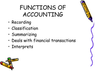FUNCTIONS OF
         ACCOUNTING
•   Recording
•   Classification
•   Summarizing
•   Deals with financial transactions
•   Interprets
 