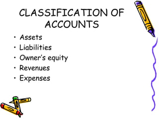 CLASSIFICATION OF
        ACCOUNTS
•   Assets
•   Liabilities
•   Owner’s equity
•   Revenues
•   Expenses
 