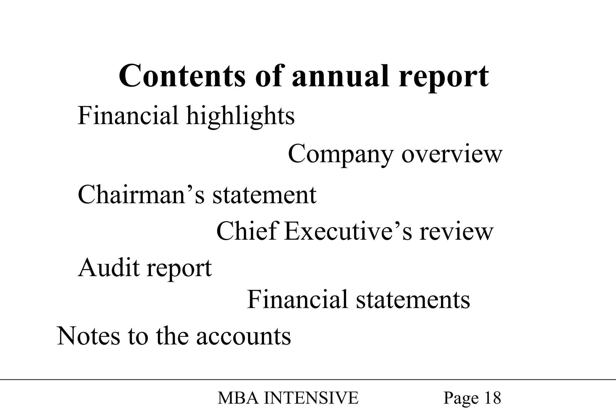 Contents of annual report
Financial highlights
Company overview
Chairman’s statement
Chief Executive’s review
Audit report
Financial statements
Notes to the accounts
MBA INTENSIVE

Page 18

 