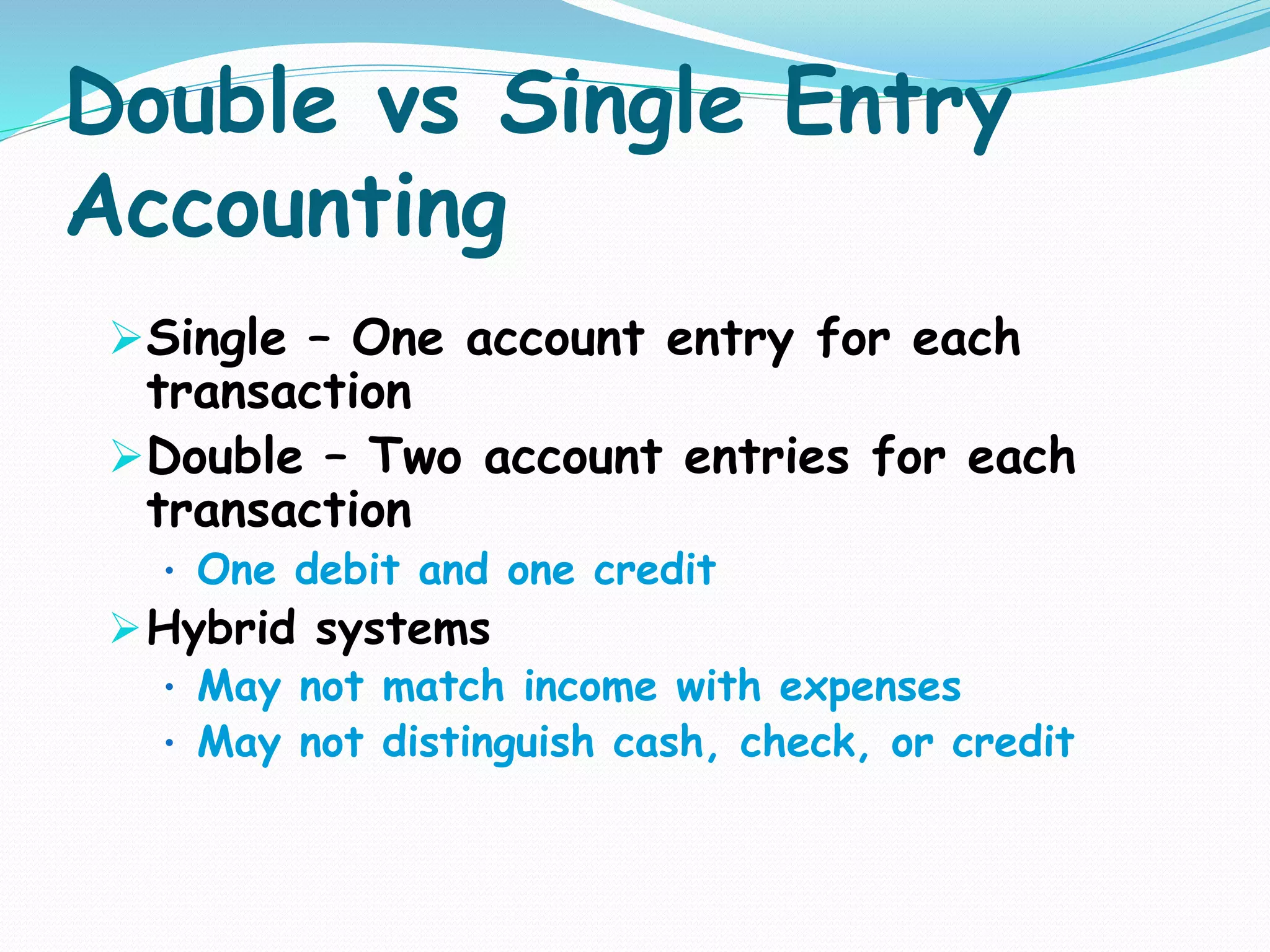 Double vs Single Entry
Accounting
Single – One account entry for each
transaction
Double – Two account entries for each
transaction
• One debit and one credit
Hybrid systems
• May not match income with expenses
• May not distinguish cash, check, or credit
 
