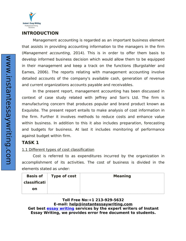 Sample Report on Management accounting by Experts
