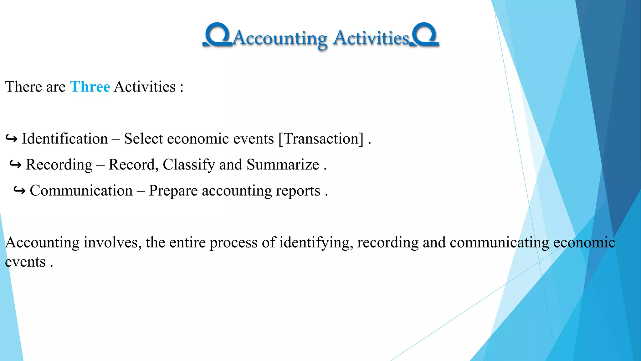 ➰Accounting Activities➰
There are Three Activities :
↪ Identification – Select economic events [Transaction] .
↪ Recording – Record, Classify and Summarize .
↪ Communication – Prepare accounting reports .
Accounting involves, the entire process of identifying, recording and communicating economic
events .
 