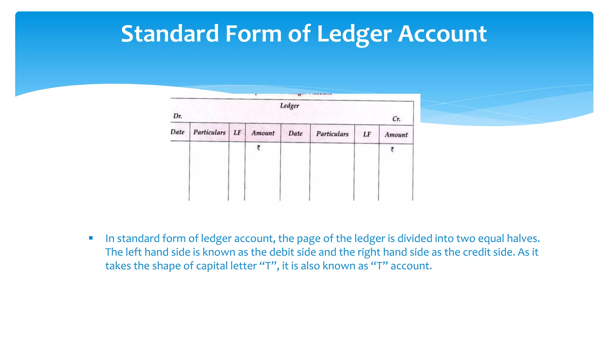 Standard Form of Ledger Account
 In standard form of ledger account, the page of the ledger is divided into two equal halves.
The left hand side is known as the debit side and the right hand side as the credit side. As it
takes the shape of capital letter “T”, it is also known as “T” account.
 