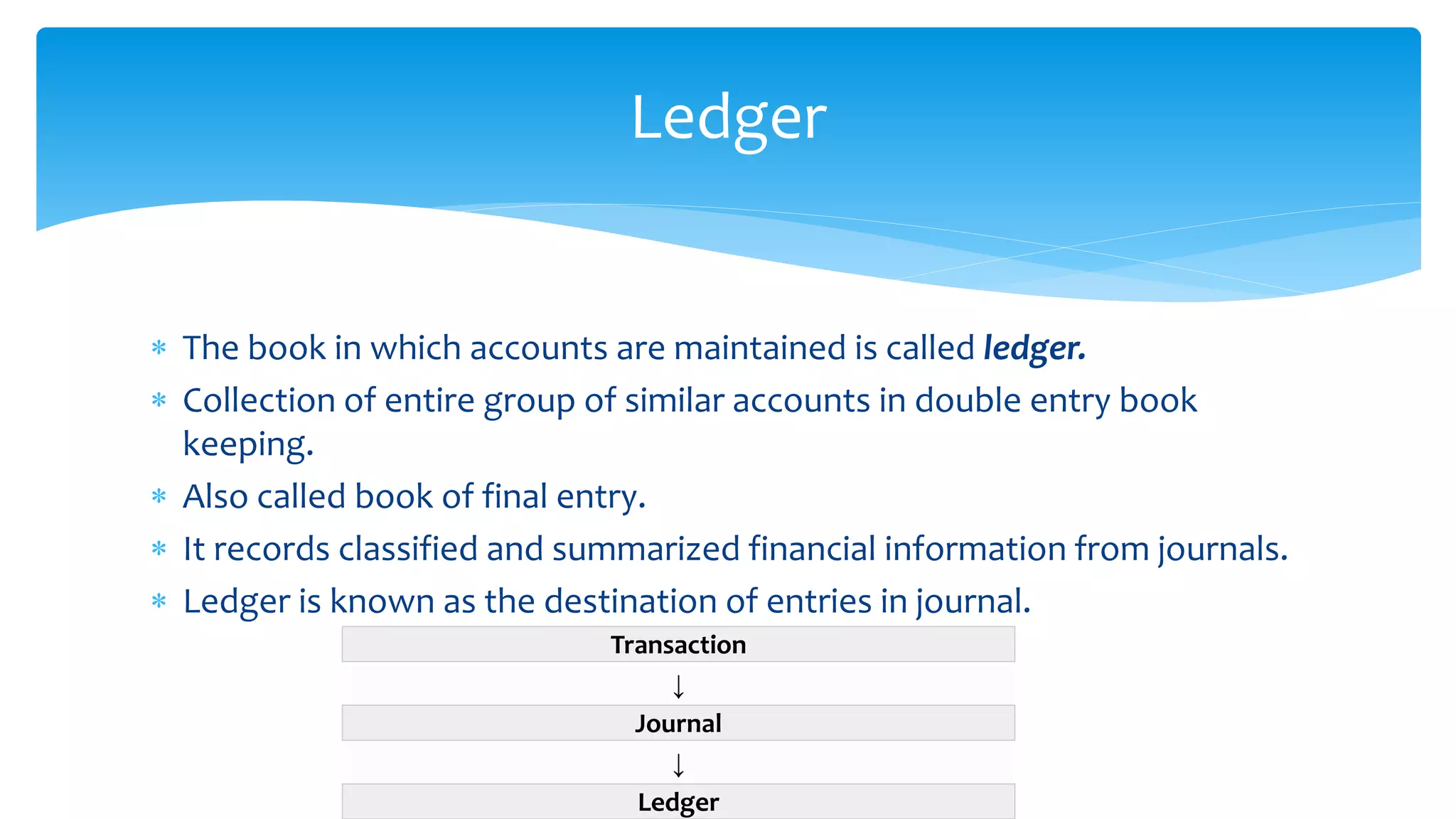 Ledger
 The book in which accounts are maintained is called ledger.
 Collection of entire group of similar accounts in double entry book
keeping.
 Also called book of final entry.
 It records classified and summarized financial information from journals.
 Ledger is known as the destination of entries in journal.
Transaction
↓
Journal
↓
Ledger
 