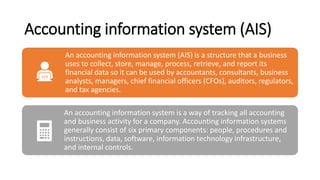 Accounting information system (AIS)
An accounting information system (AIS) is a structure that a business
uses to collect, store, manage, process, retrieve, and report its
financial data so it can be used by accountants, consultants, business
analysts, managers, chief financial officers (CFOs), auditors, regulators,
and tax agencies.
An accounting information system is a way of tracking all accounting
and business activity for a company. Accounting information systems
generally consist of six primary components: people, procedures and
instructions, data, software, information technology infrastructure,
and internal controls.
 